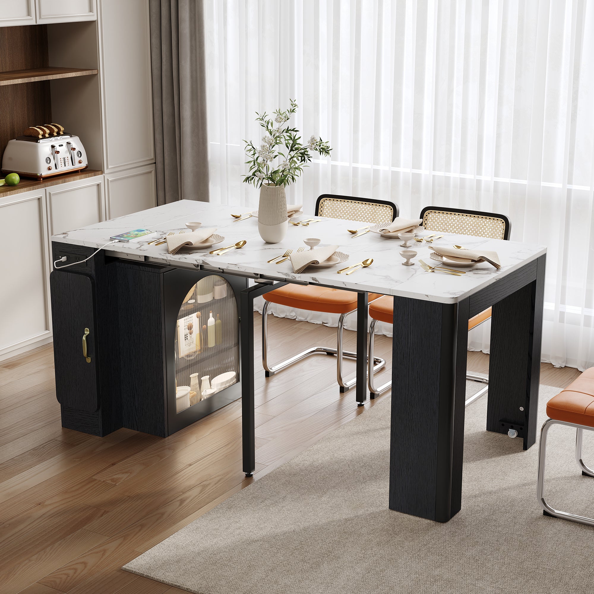 TREXM Extendable Dining Table With 3 Removable Middle Leaves  Mobile Rolling Island Table With Power Outlet  Saving-space Cabinet With Storage For Dining Room And Living Room  BLACK AND MARBLE WHITE