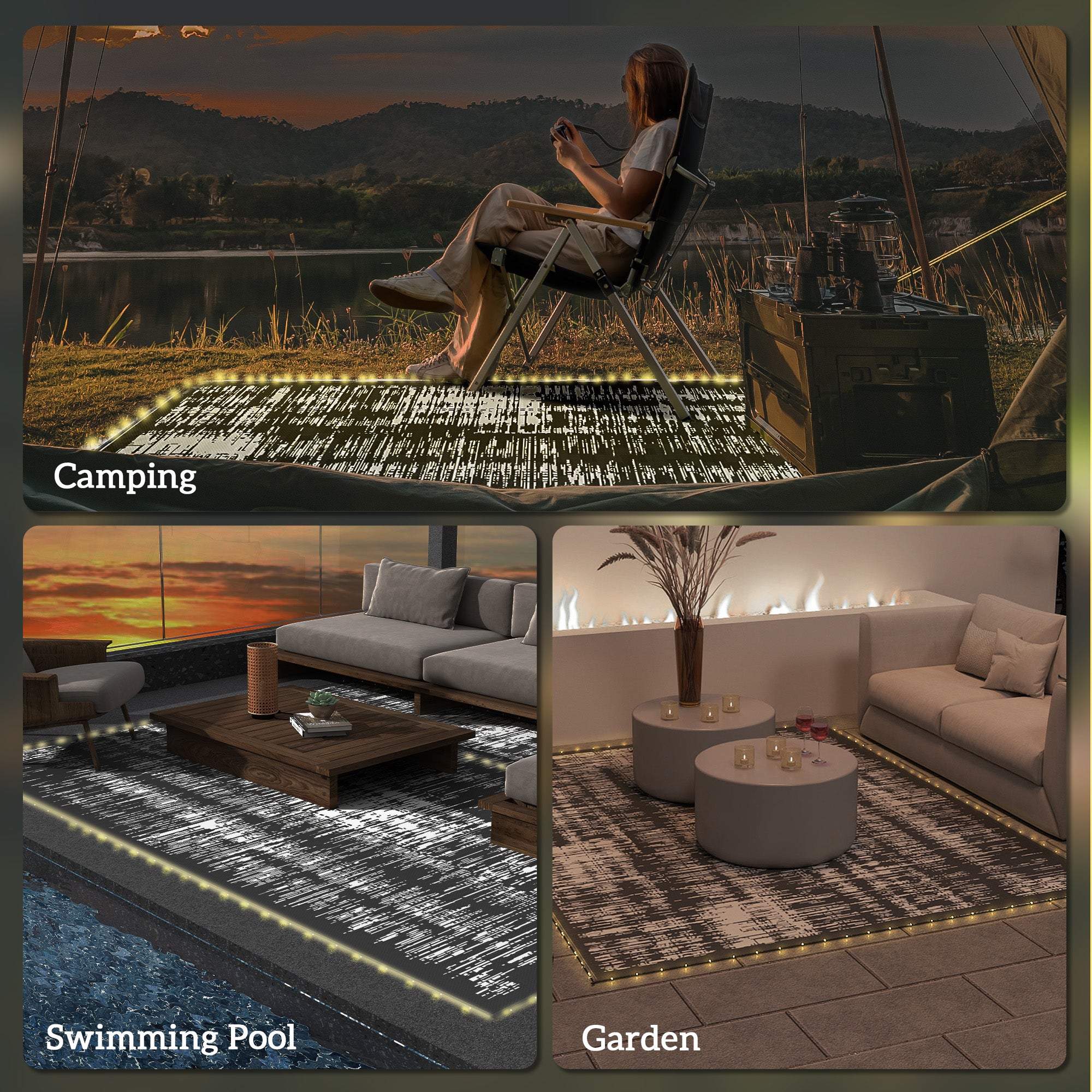 Reversible Outdoor Rug Carpet with LED Lights, Carry Bag & Ground Stakes for Backyard, Deck, Picnic, Beach, 12' x 9'