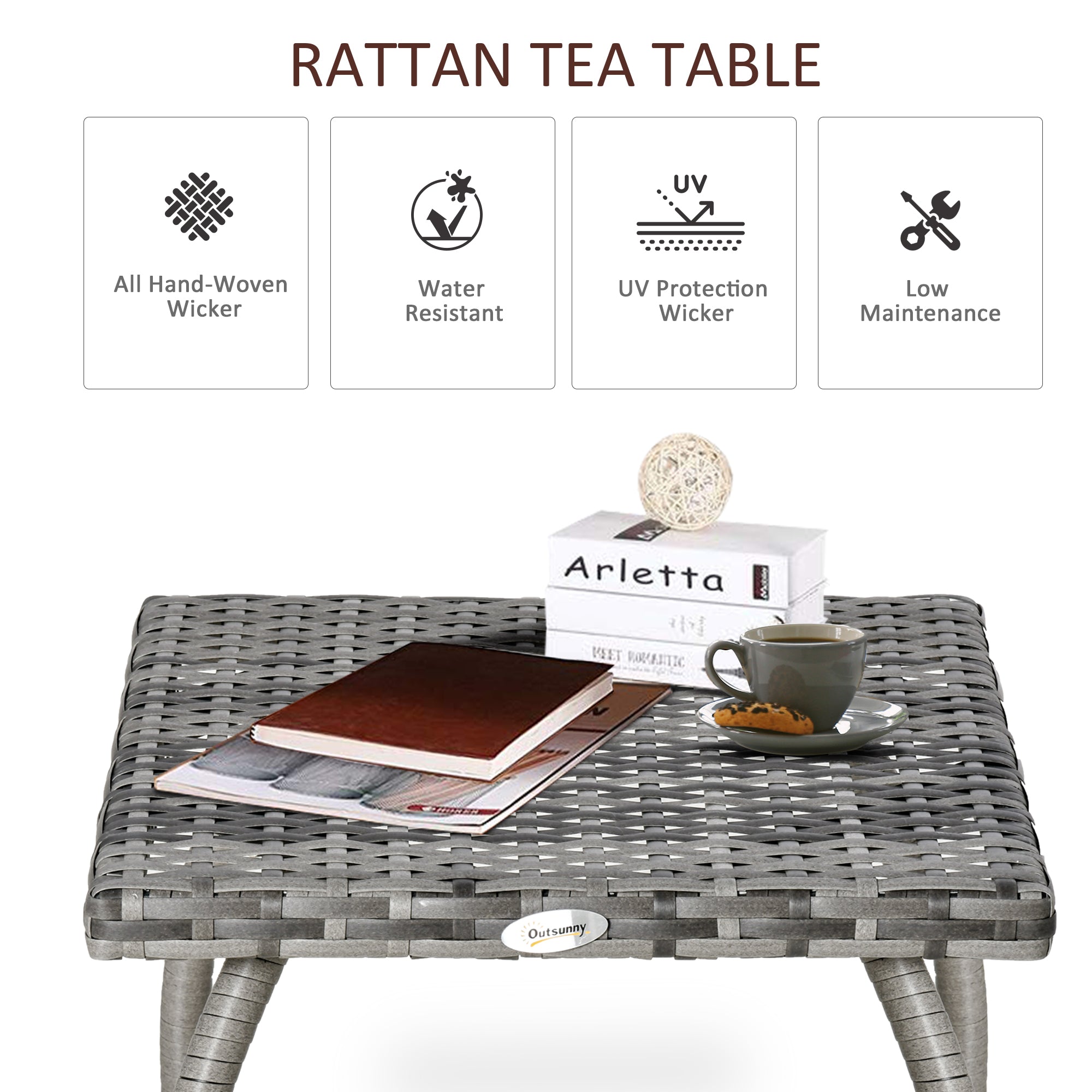 Outdoor PE Wicker Side Table, Small Square Rattan End Table, All-Weather Material Coffee Table For Garden, Balcony, Backyard, Grey