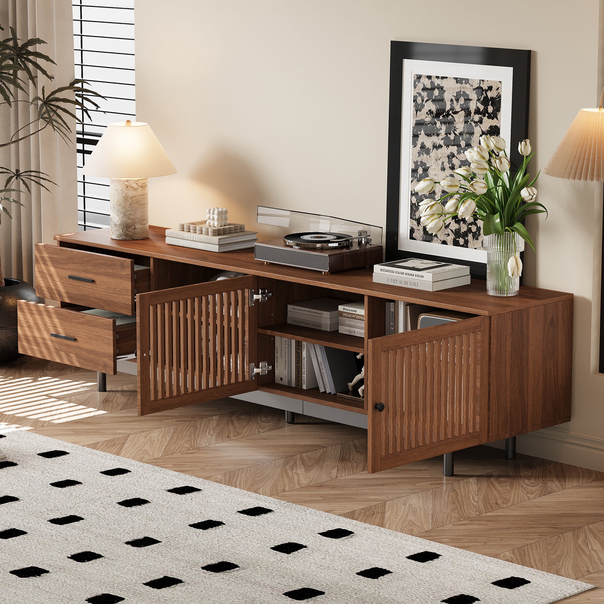 78 Inch Modern TV Stand For TVs Up To 85, Entertainment Center With Deep Drawers & Cable Management, Soft-Closing Hinges, Solid Wood Legs For Living Room