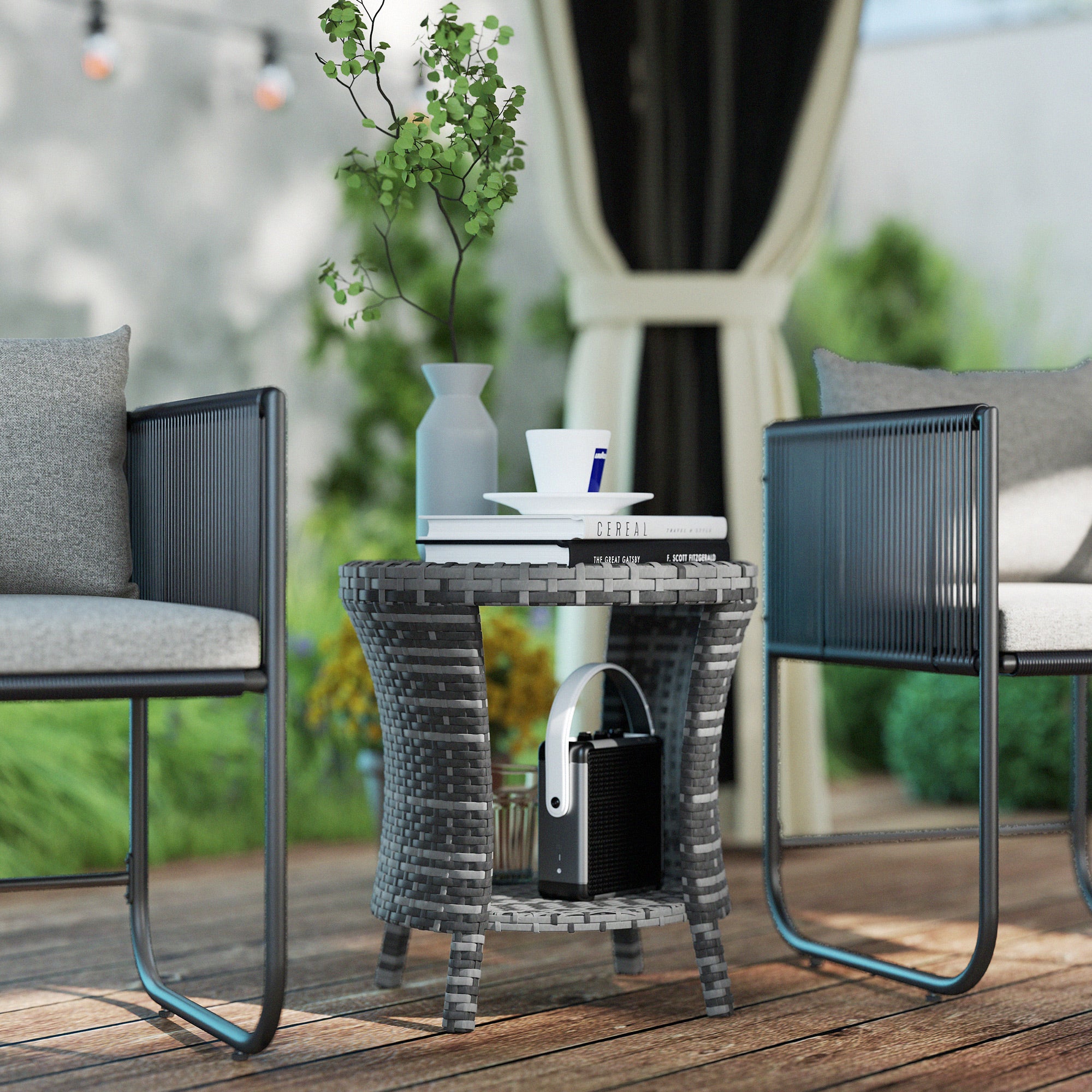 18" Wicker Outdoor Coffee Table, PE Rattan Patio Side Table with 2-Tier Storage, Composite Wood Top, Gray