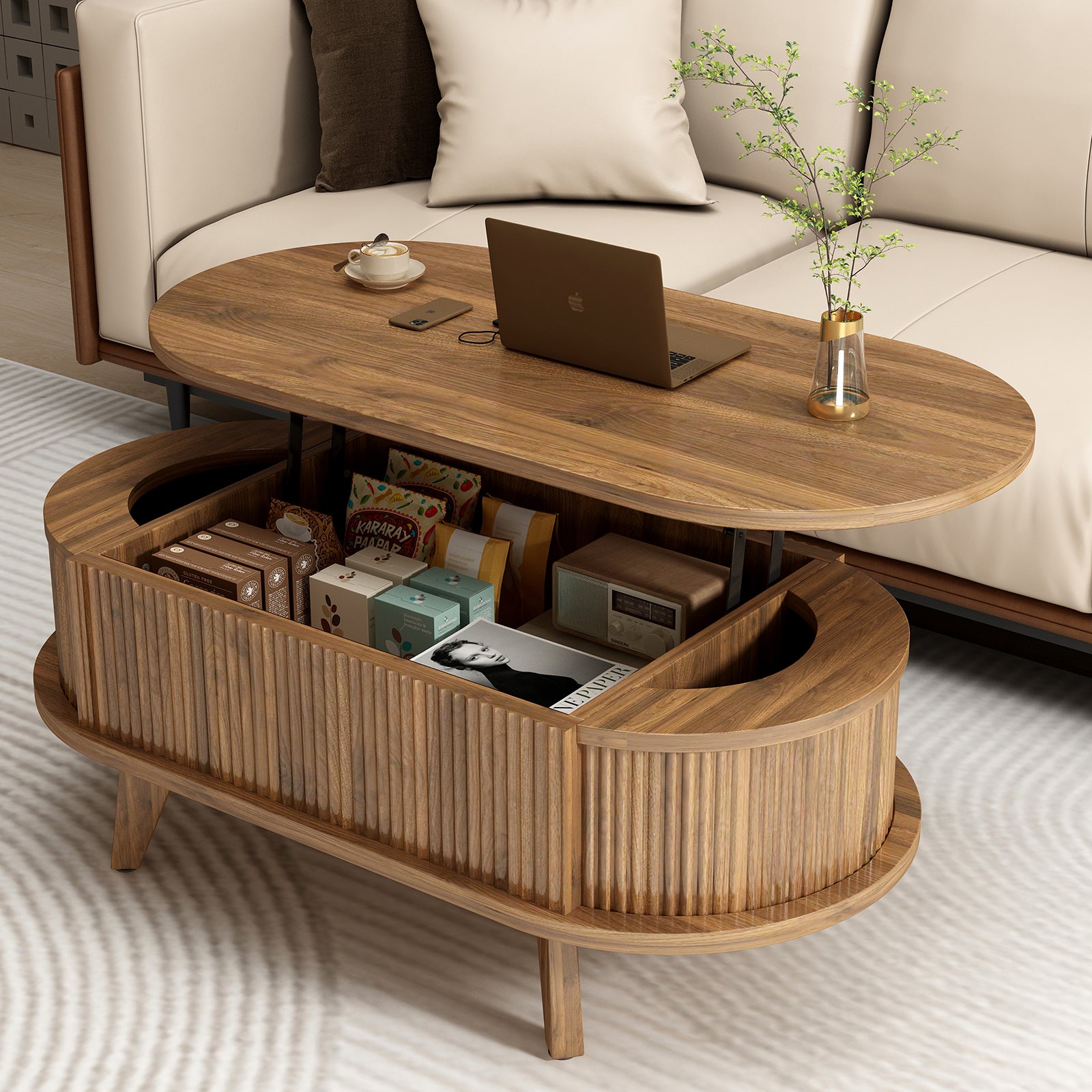 Fluted Lift Top Coffee Table With Hidden Compartment, Wooden Center Table, Modern Oval Lift Tabletop For Home Living Room Office, Walnut Brown Color