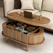 Fluted Lift Top Coffee Table With Hidden Compartment, Wooden Center Table, Modern Oval Lift Tabletop For Home Living Room Office, Walnut Brown Color
