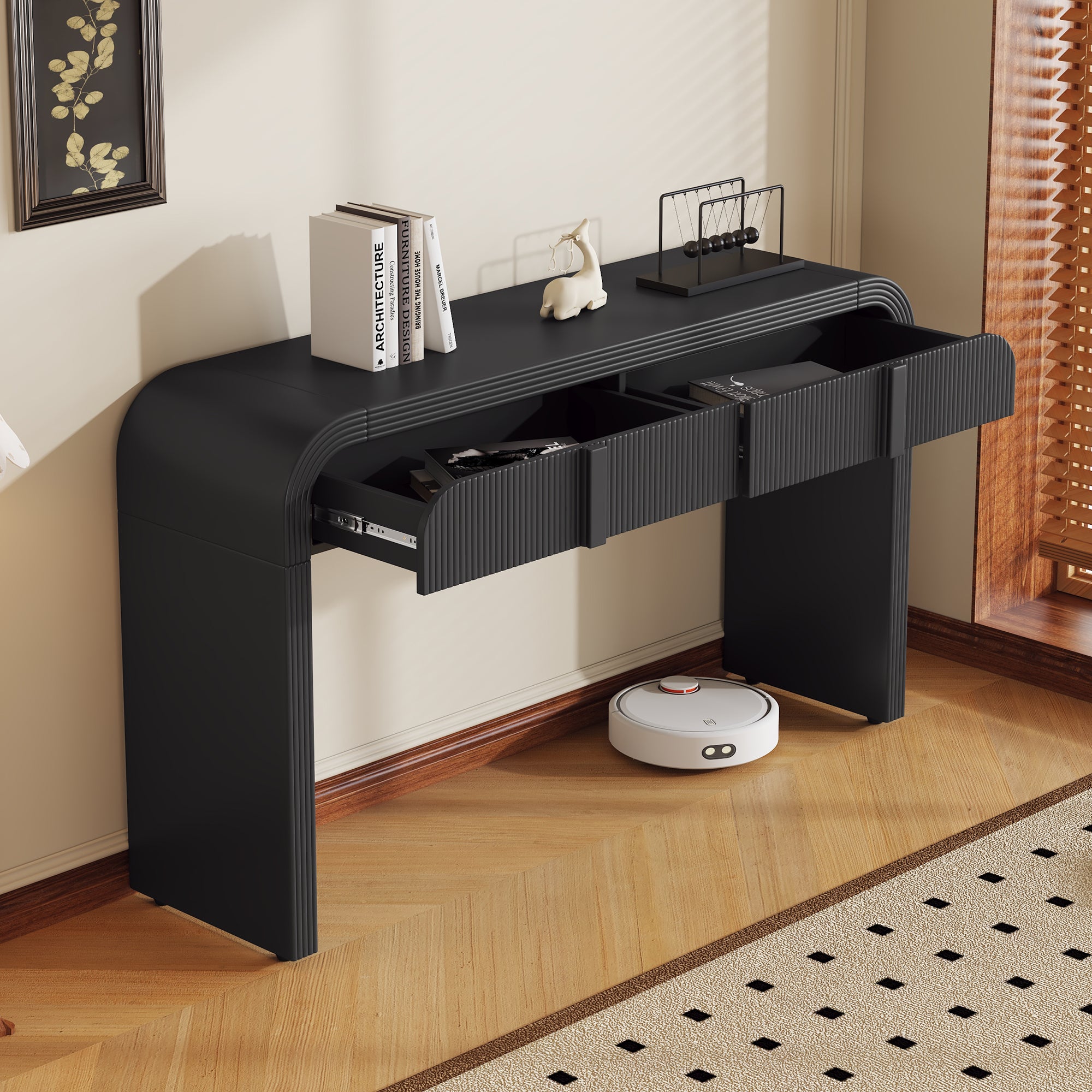 TREXM Modern Console Table With 2 Storage Drawers  Fluted Entryway Table With Rounded Silhouette For Hallway Living Room And Entryway  Black