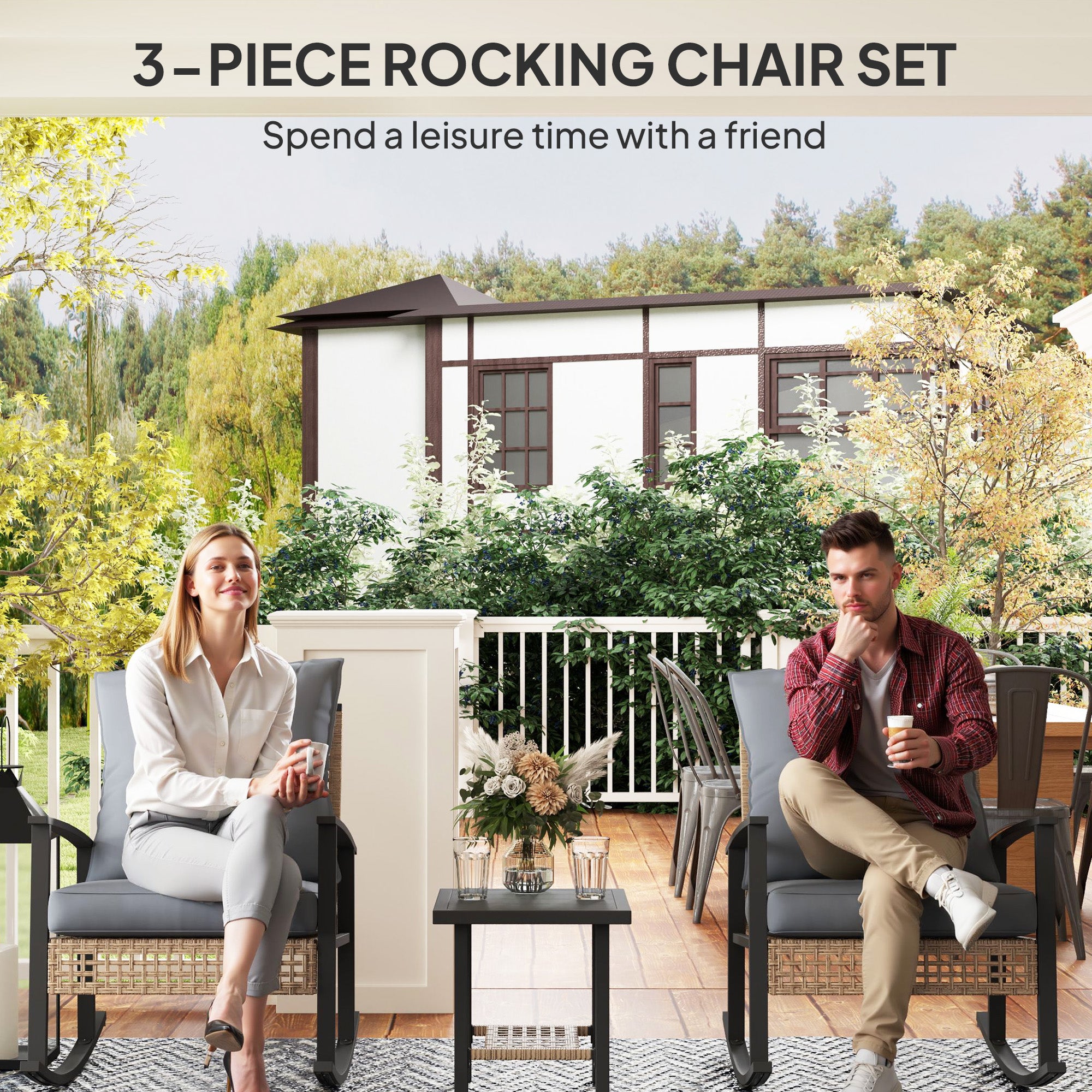 3 Pieces Bistro Set, Patio Wicker Furniture Set with Button Tufted Cushions, Rattan Rocking Chairs, Coffee Table, Gray
