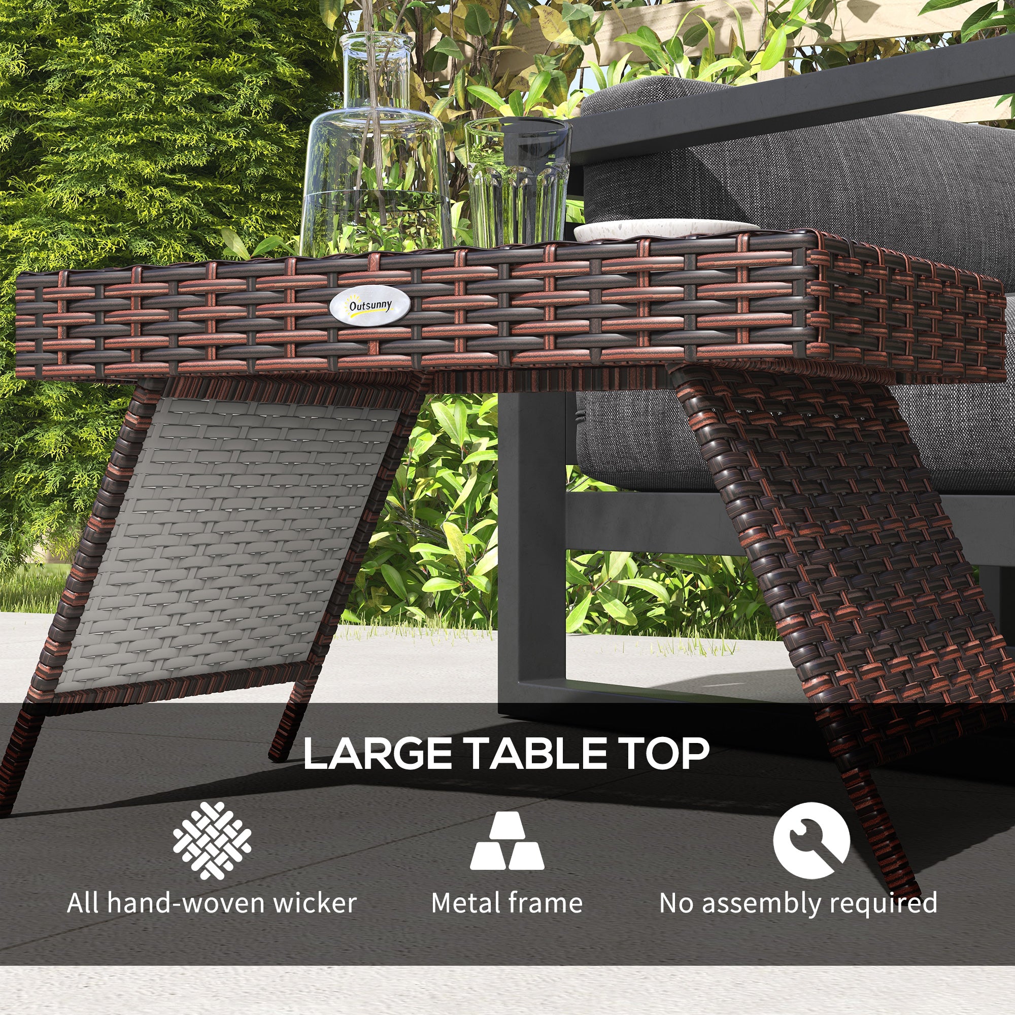 Folding Rattan Side Table, Outdoor End Table, Hand Woven PE Rattan Coffee Table for Balcony, Backyard, Garden, Lawn, Courtyard, Brown