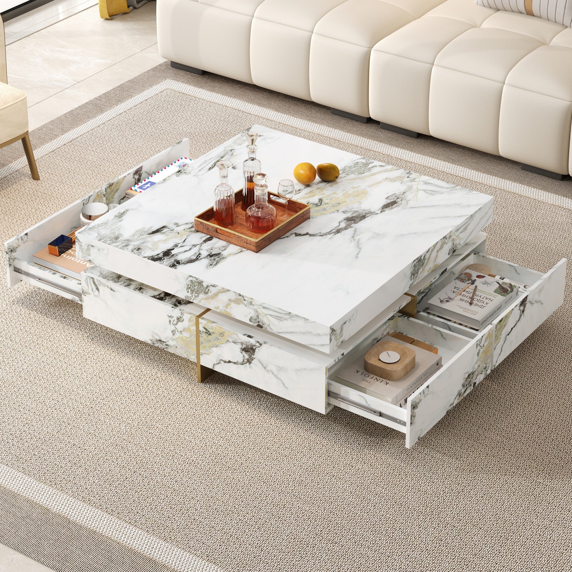 Modern Square Marble Textured Coffee Table With 4 Drawers And Suspended Base, White, 43.3