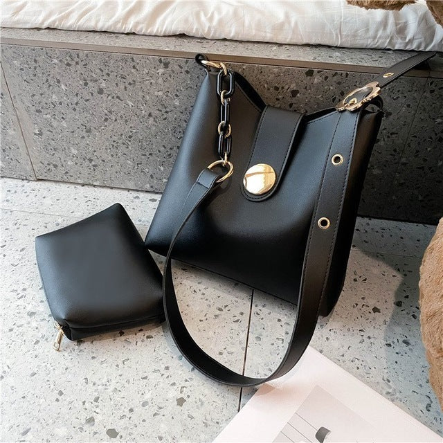 2 Pieces/Set Of Solid Color Leather Bucket Bag Women Messenger Bag Handbag