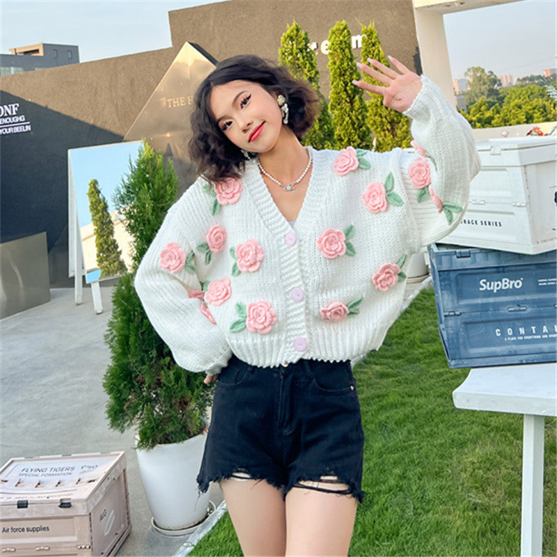 New Knitting Needle Sweater Thick Knitted Cardigan Three-dimensional Rose Flower Sweet Coat For Women