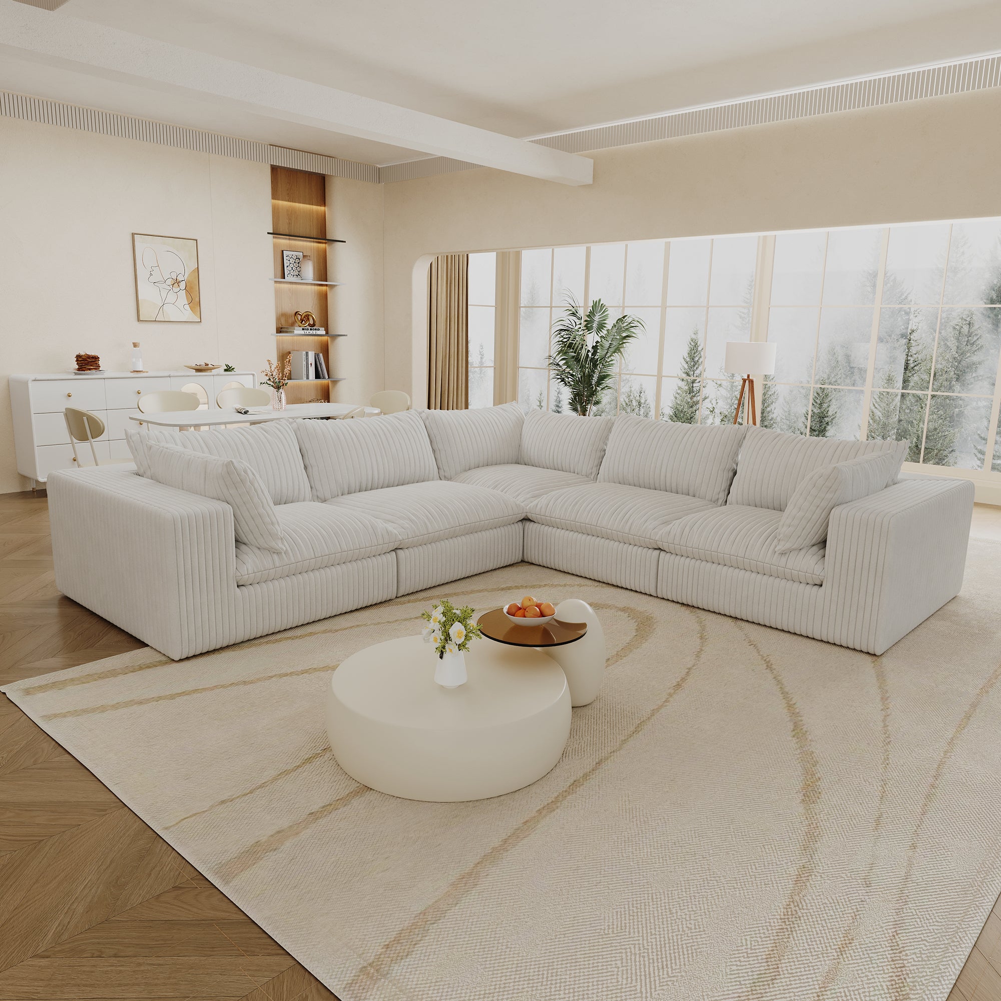 118.2 Cloud Sofa,Corduroy Fabric,Deep Seat Couches,Double-layer Design,Removable Cushion,No Assembly, DIY Combination For Living Room, Bedroom,Conference Room ,Apartment,WHITE