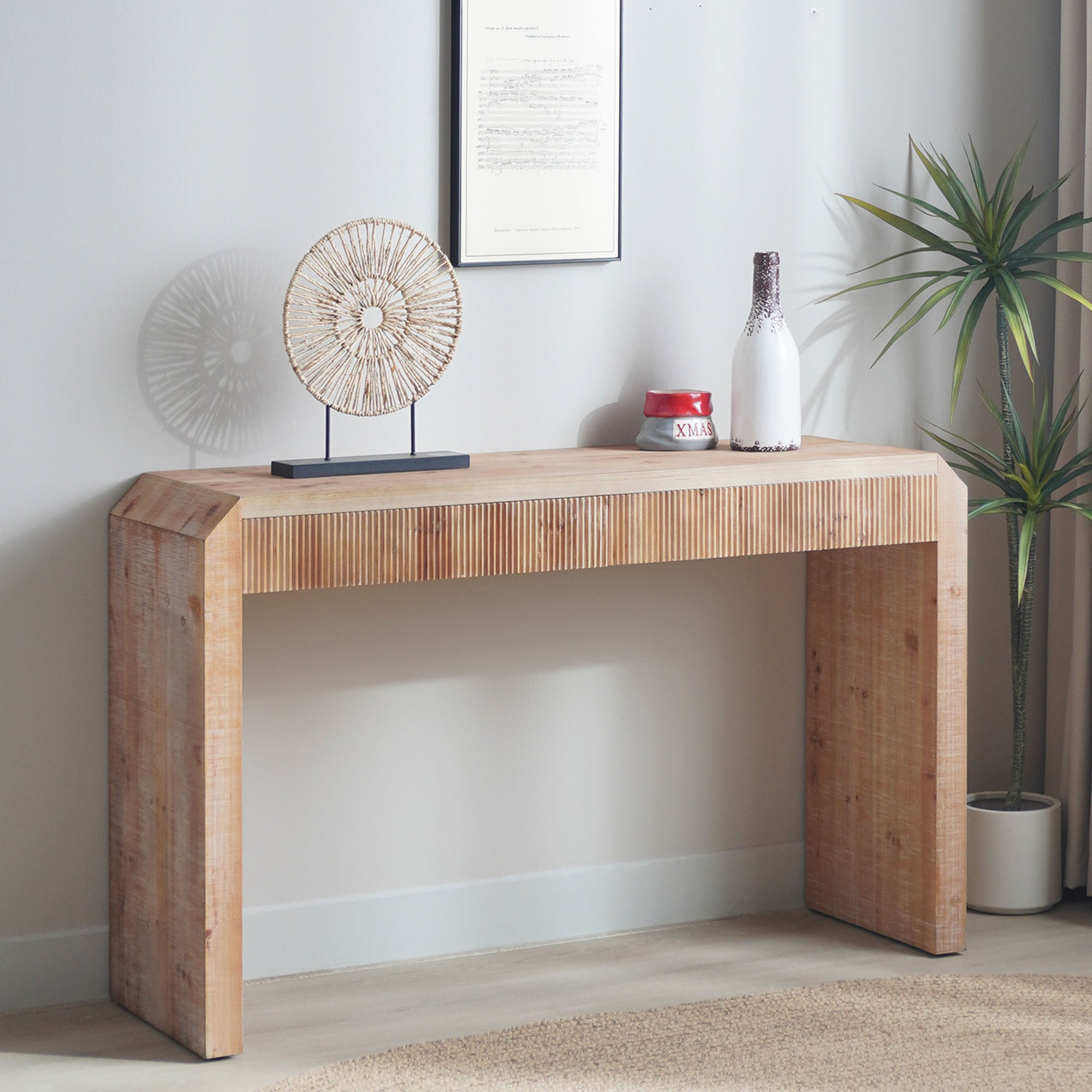 Rustic Wooden Console Table With Drawer- Minimalist Design, Ribbed Texture, And Natural Finish