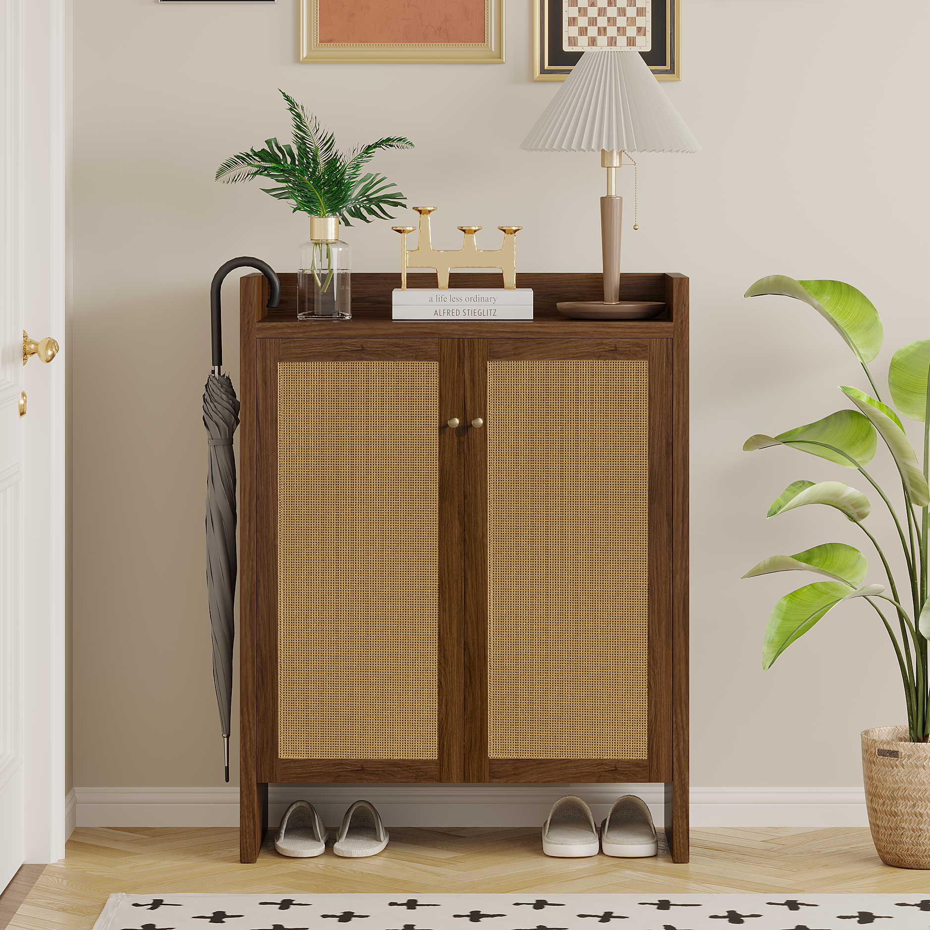 42.5 Tall Rattan Shoe Cabinet With Doors, 6-Tier Shoe Storage Cabinet With Adjustable Shelves, Wooden Freestanding Shoe Organizer Shoe Cabinet For Entryway,Hallway,Living Room Walnut