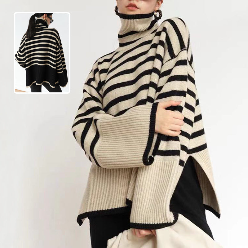 Fashion Striped Turtleneck Sweater Casual Loose Slit Design Sweater Winter Tops Womens Clothing