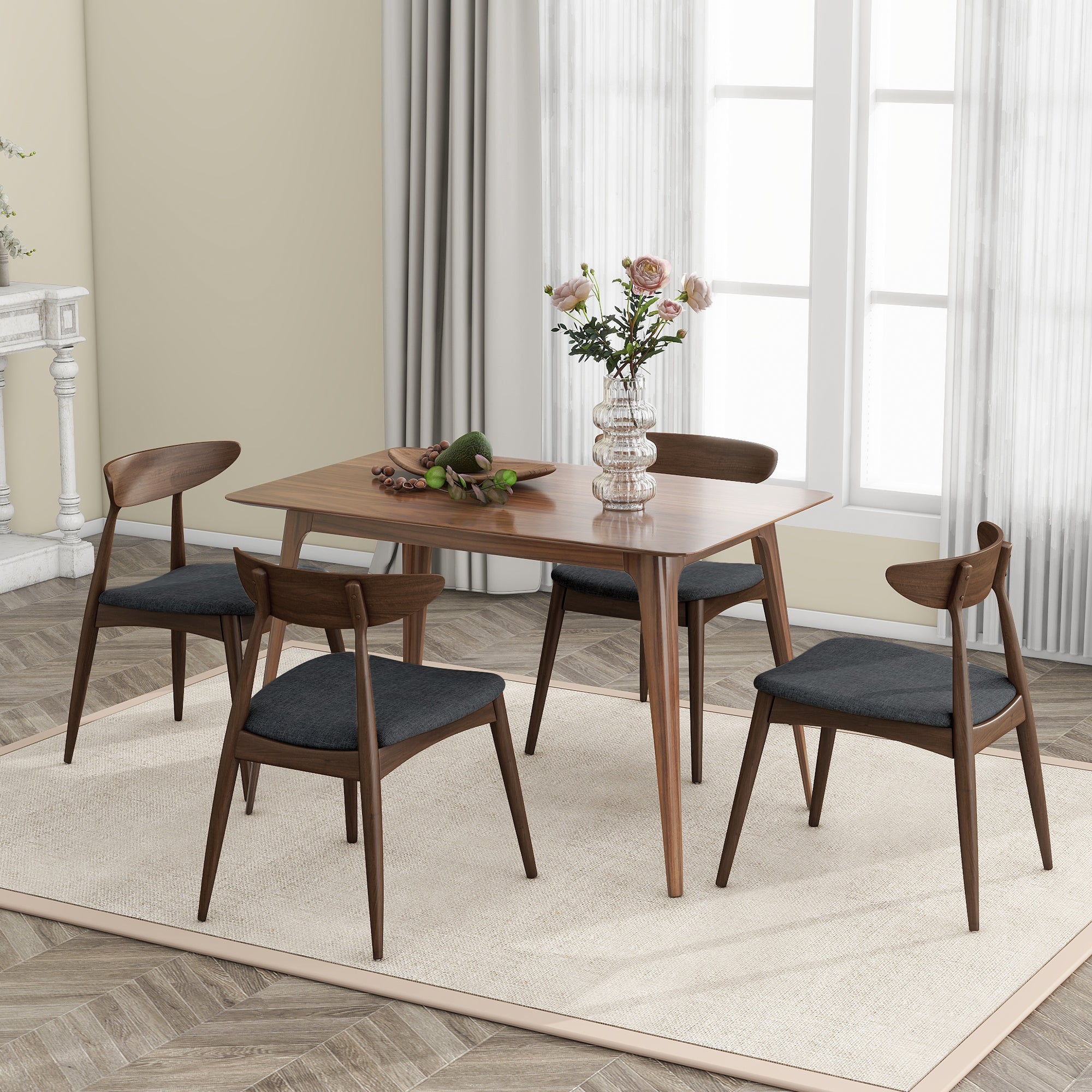 5-Piece Dining Table Set, 1 Table 4 Chairs, Rubberwood Frame, Ergonomic Backrest, Soft Cushioned Chairs, Walnut-Charcoal