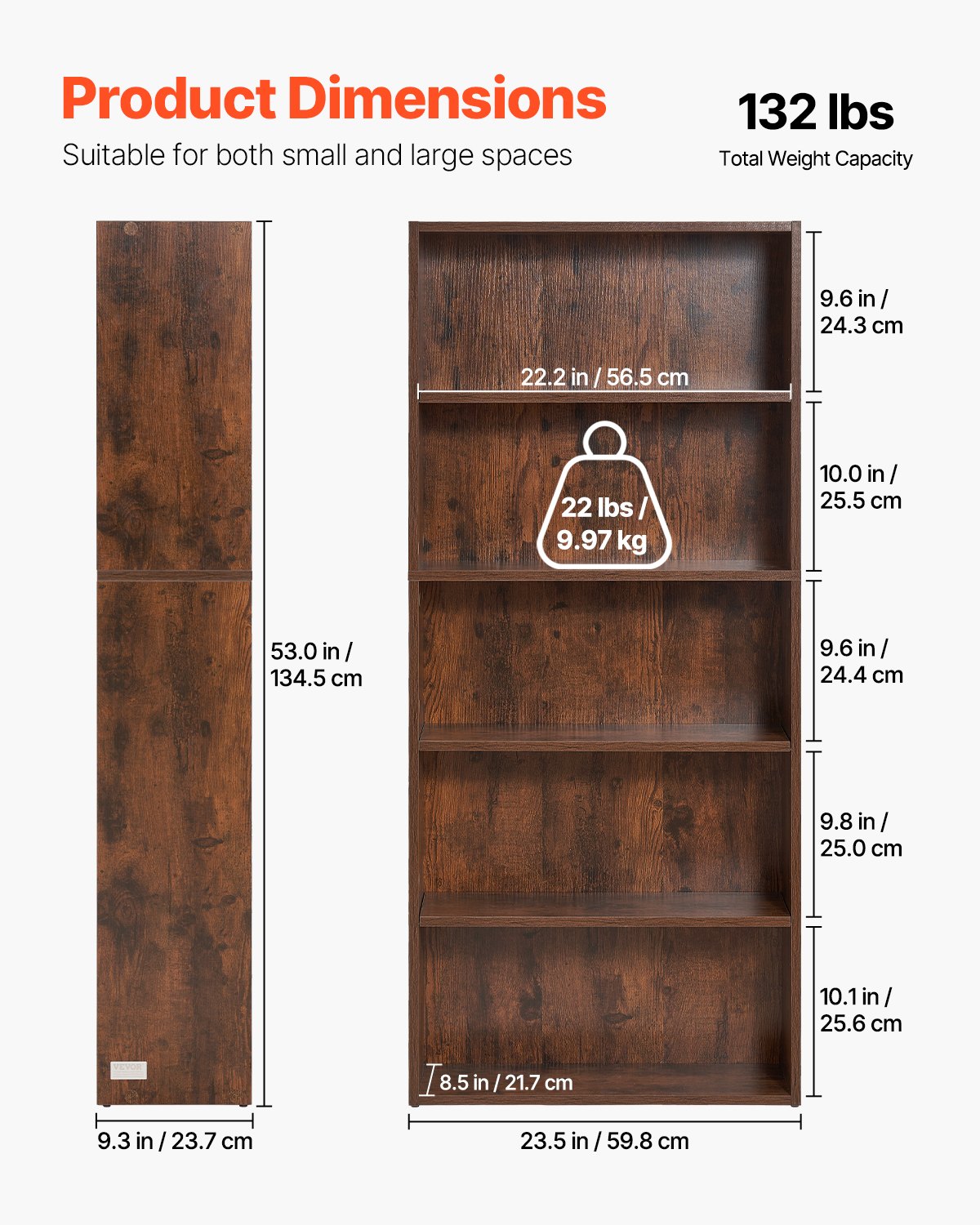 5 Tiers Narrow Bookshelf, 53 In Wooden Open Bookcase With Height-Adjustable Shelf, Freestanding Tall Display Storage Floor Bookcase Bookshelf For Library, Bedroom, Living Room, Office, Brown