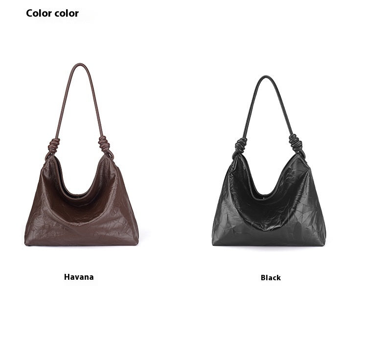 First Layer Cowhide Hand-held Pleated Tote Bag Commuter Large Capacity Shoulder