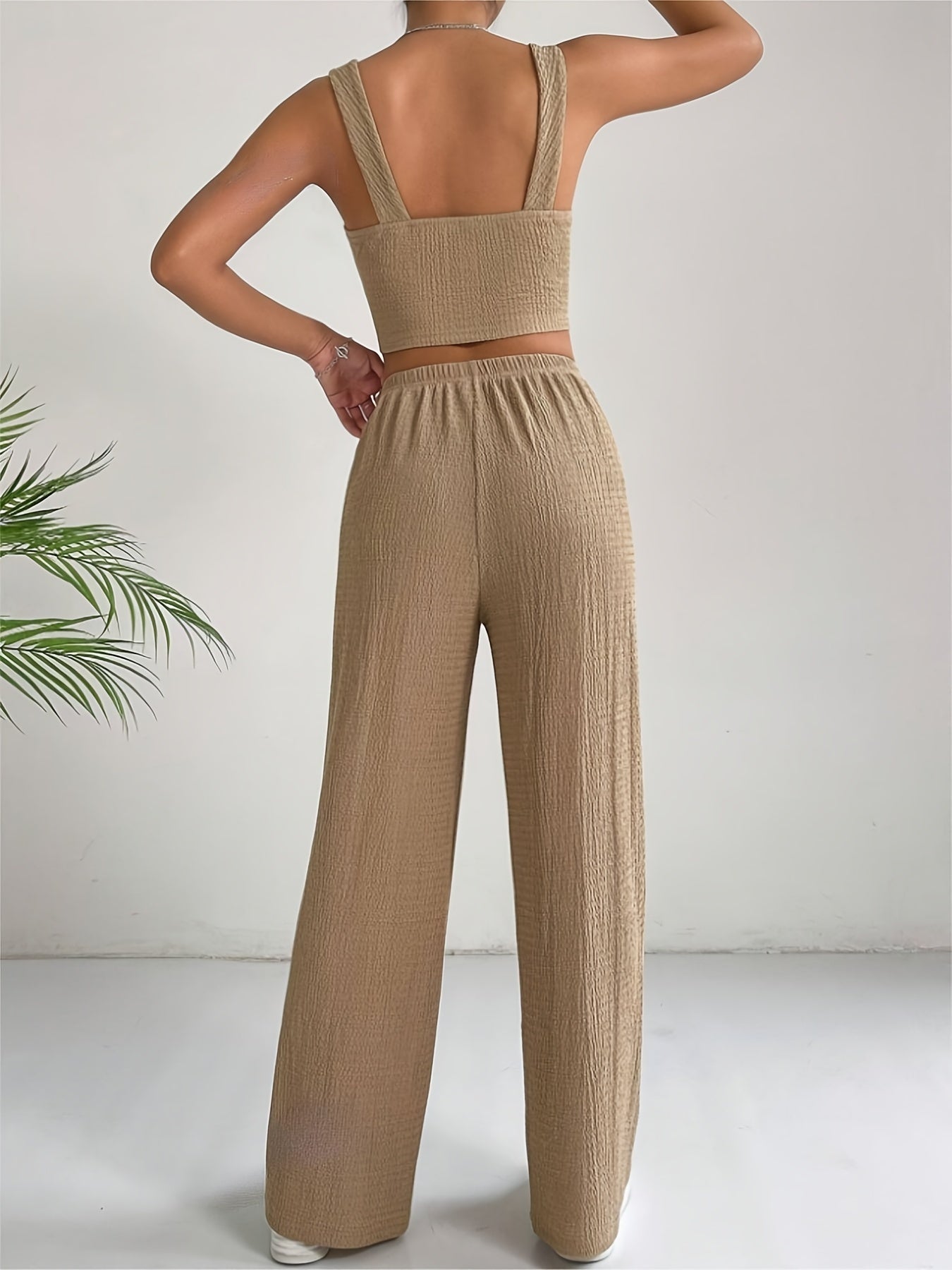 Elegant Solid Color Textured Pantsuits, Sleeveless Crop Cami Top & Drawstring High Waist Wide Leg Pants Outfits, Women's Clothing