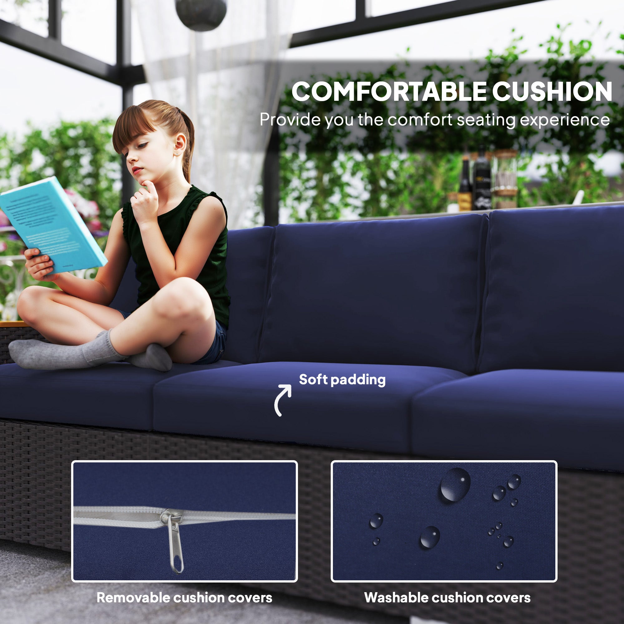 3-Seat Outdoor Patio Sofa, PE Wicker Outdoor Couch with  Extra Wide Deep Seat, Wide Armrests 4" Cushions, Navy Blue
