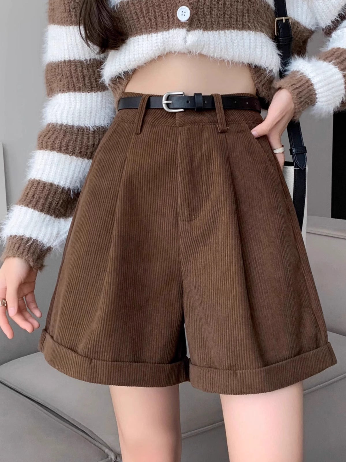 Fashion Brown Corduroy Shorts For Women