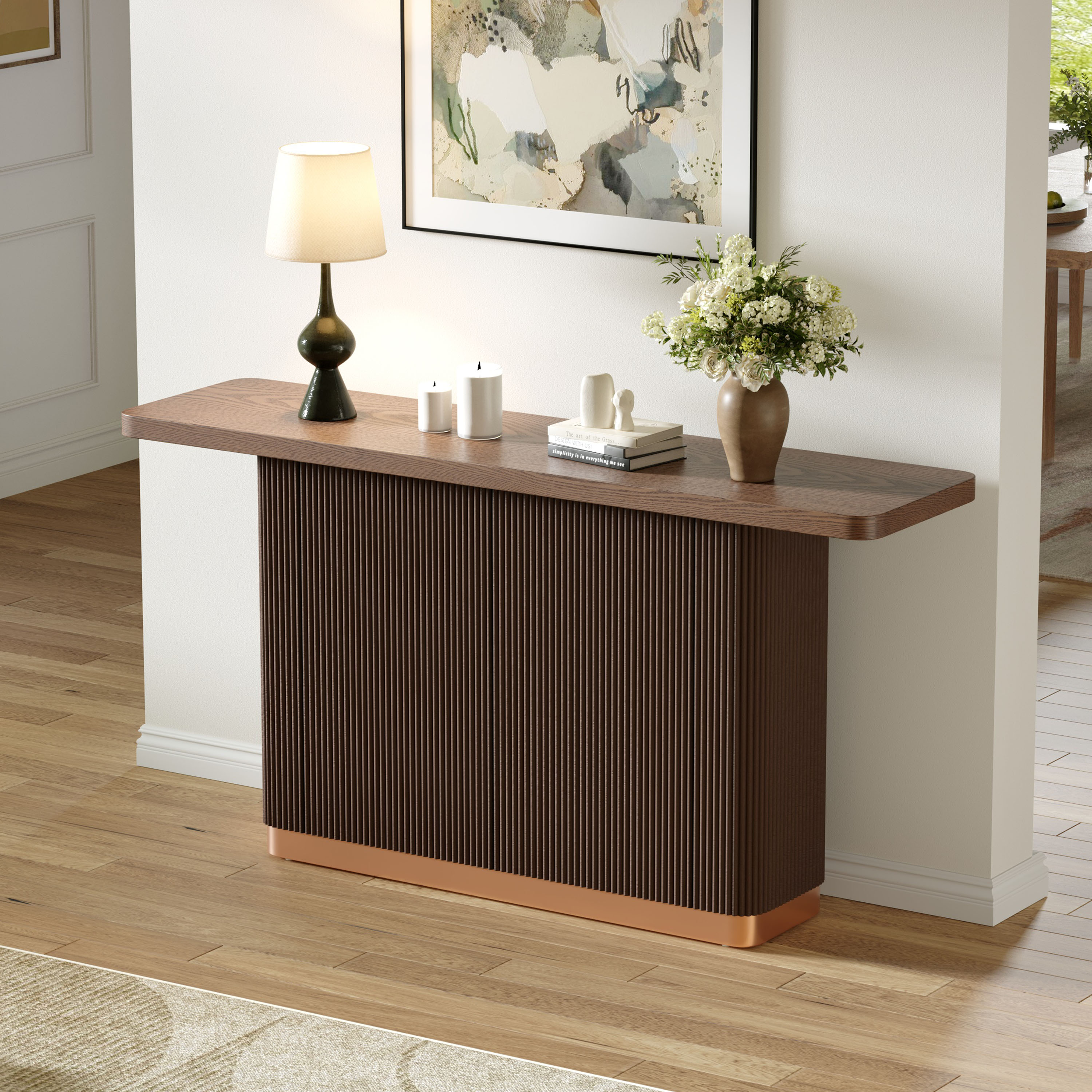 Console Table For Entryway, Ash Veneer Top, Fluted Base With Metal Accent, Modern Hallway Table