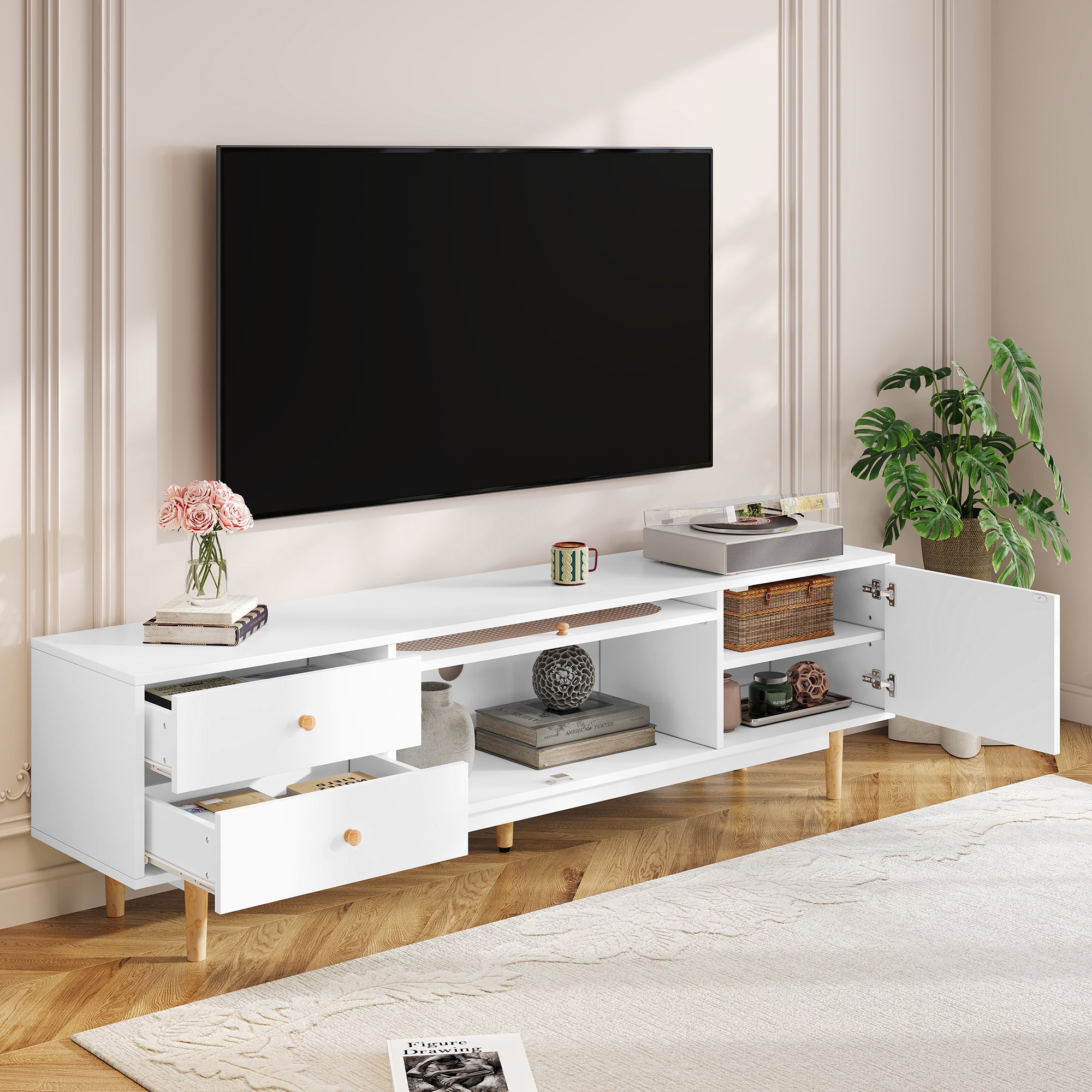 70 Inch TV Stand For TVs Up To 80 Inch, Minimalist TV Console Table With Drawers, Media Entertainment Center For Living Room, Bedroom