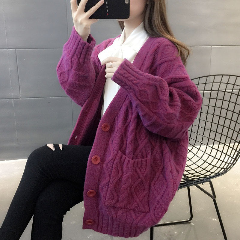 Fried Dough Twist Solid Color Sweater Coat Women Lazy Loose Knit Cardigan