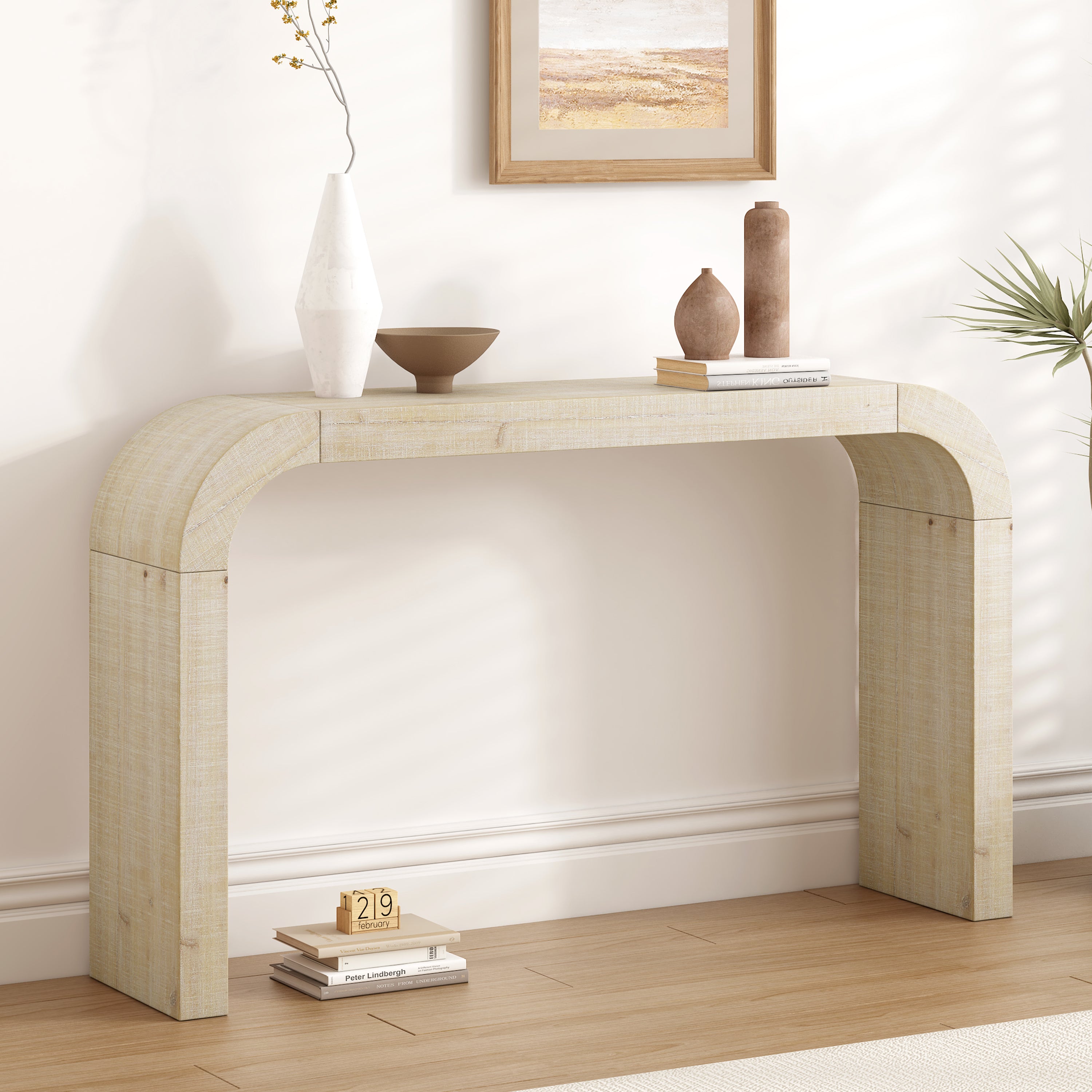 52 Wood Console Table With Curved Edge, Natural Texture, Perfect For Entryways And Living Rooms
