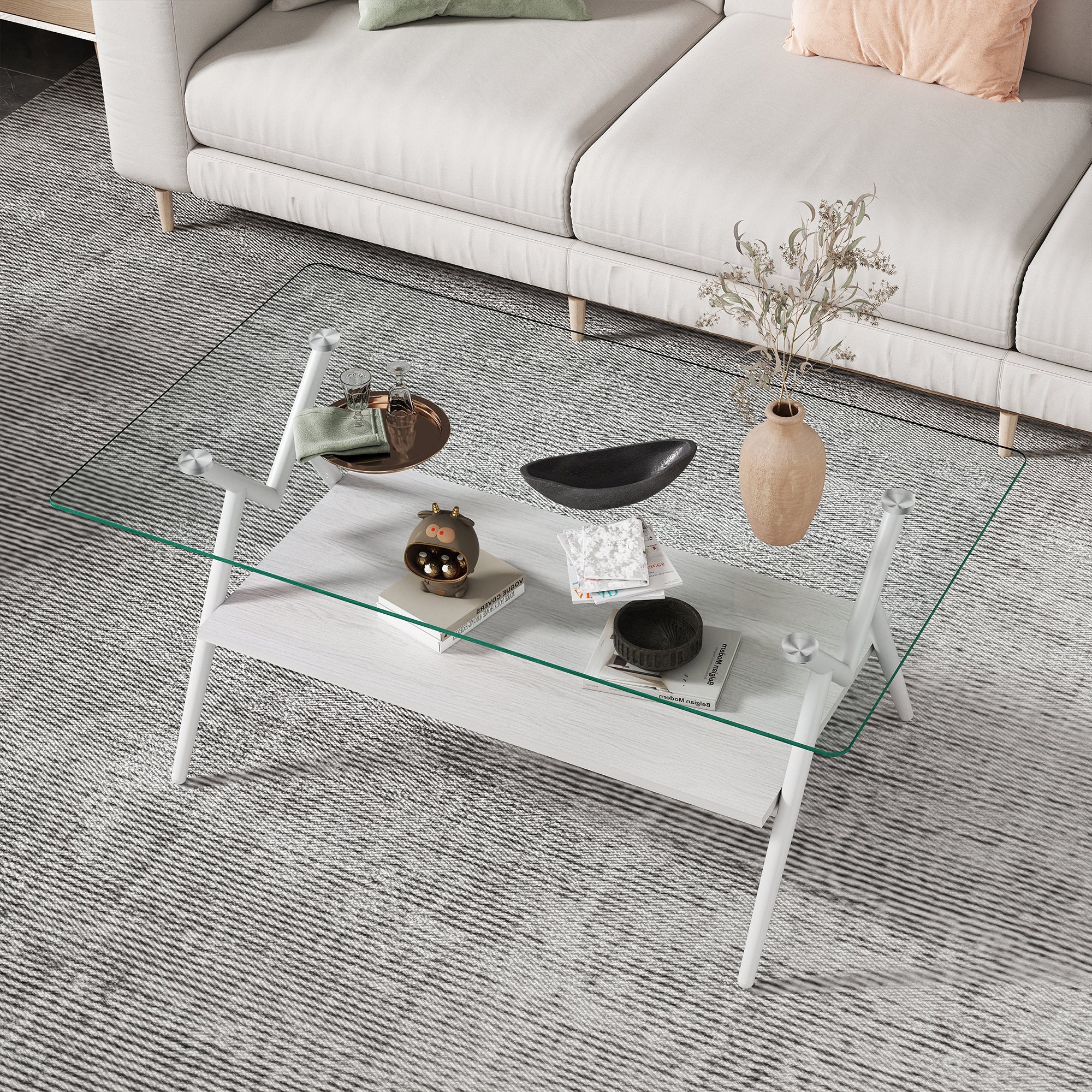 Coffee Table And End Tables Set Of 3, Tempered Glass Table With MDF Layer, Modern Tables For Living Room , Transparent Glass