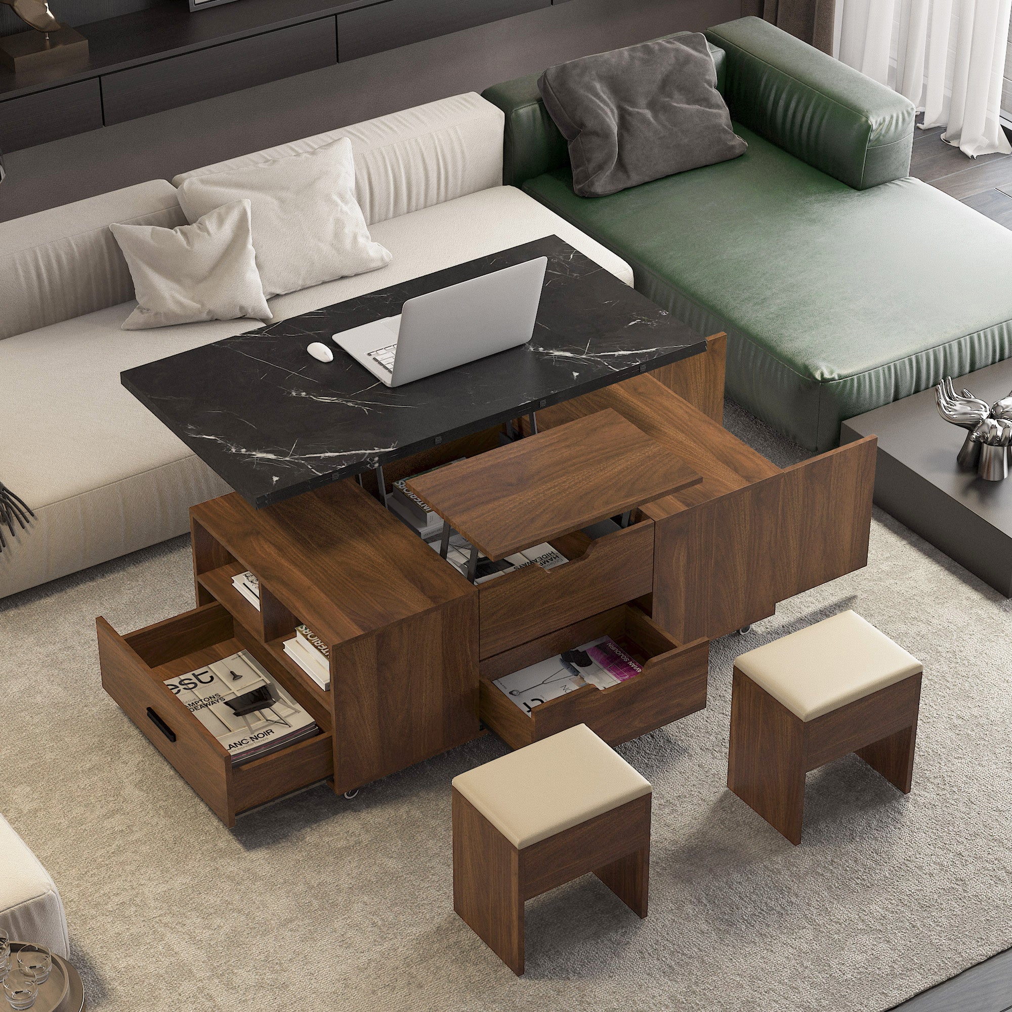 Modern Lift-Up Coffee Table With 2 Stools Set For Living Room Expandable Hidden Storage Drawers Space Saving Folding Dining Table