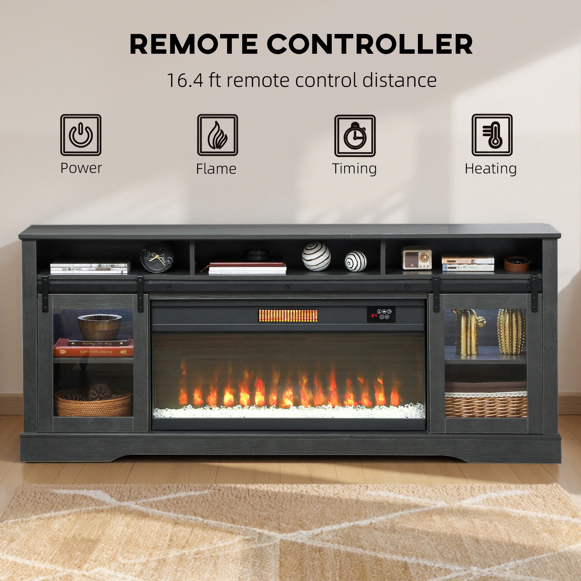 Fireplace TV Stand for TVs Up to 80 Inch, TV Console with Electric Fireplace, Open Storage and Side Cabinets, Gray