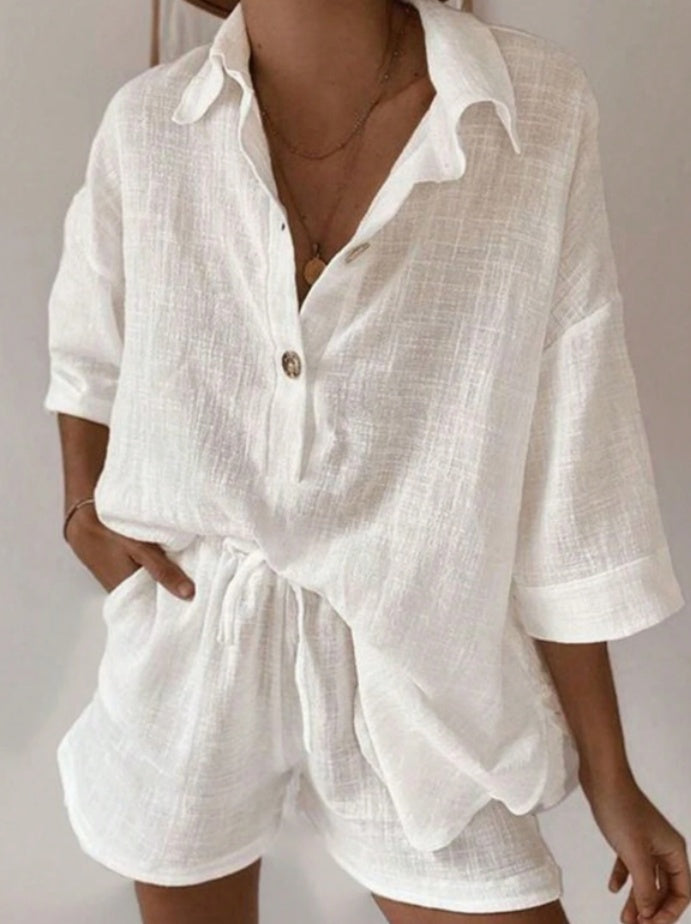 Summer Solid Color Off Shoulder Loose Women's Shirt And Shorts Casual Set