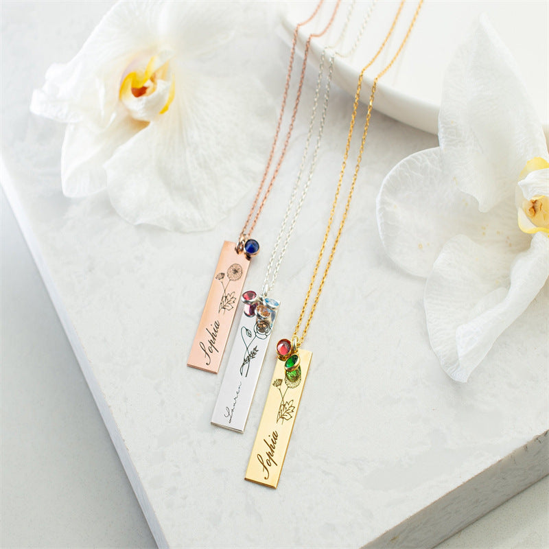 Women's Name Birthday Flower Stone Necklace