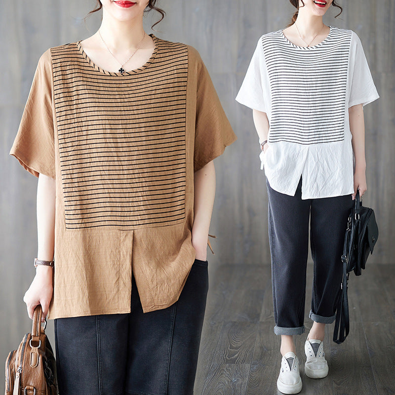 Cotton And Linen Plus Size Women's Clothing Short-sleeved T-shirt Loose Striped Stitching