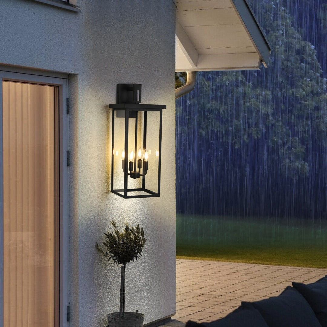 26in  H 1ps Modern Outdoor Wall Lanterns With Black Metal Frame And Clear Glass, 4 E12 Bulb Socket, Weatherproof Wall Sconces For Porch, Garden, Patio  No Bulbs