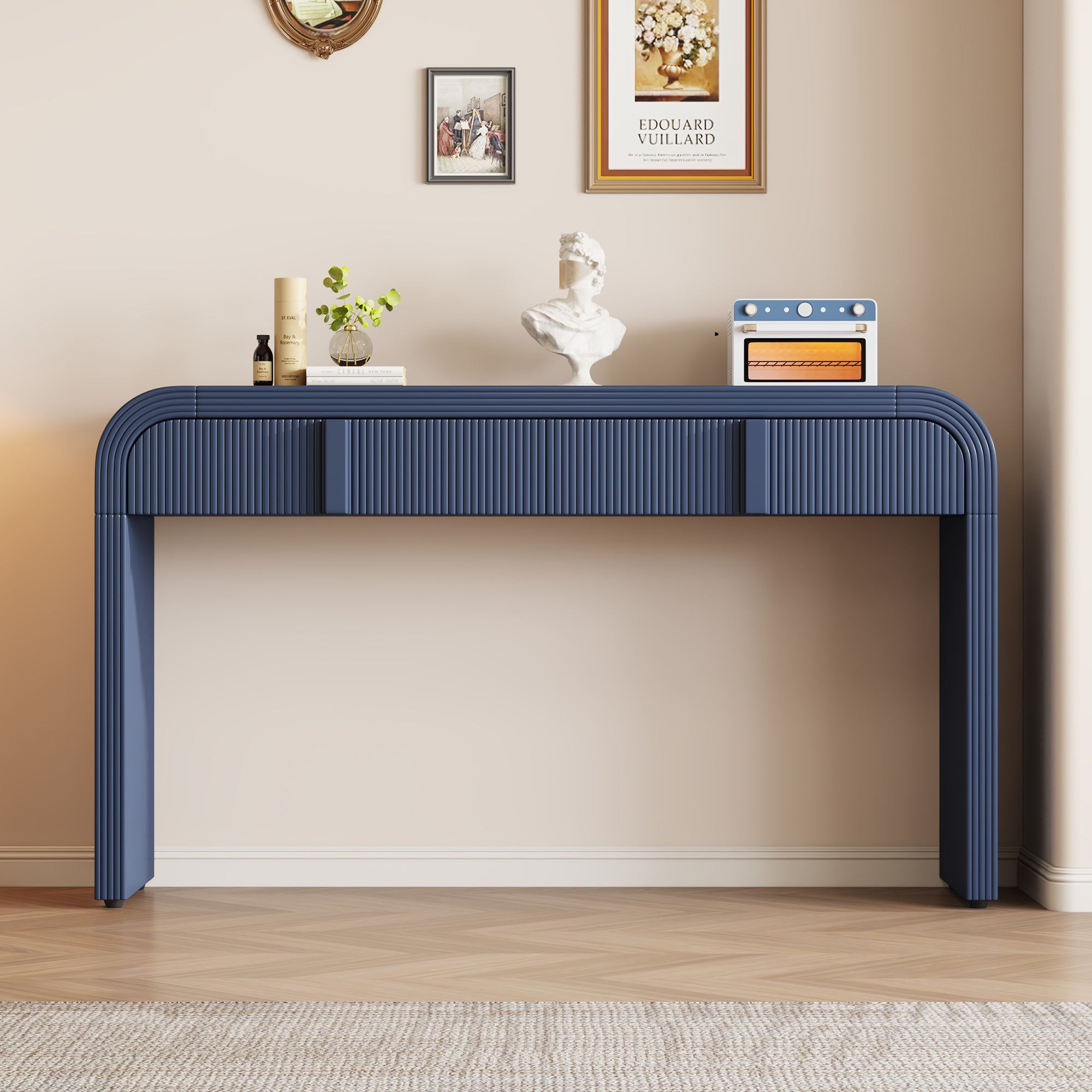 TREXM Modern Console Table With 2 Storage Drawers  Fluted Entryway Table With Rounded Silhouette For Hallway Living Room And Entryway  Navy Blue