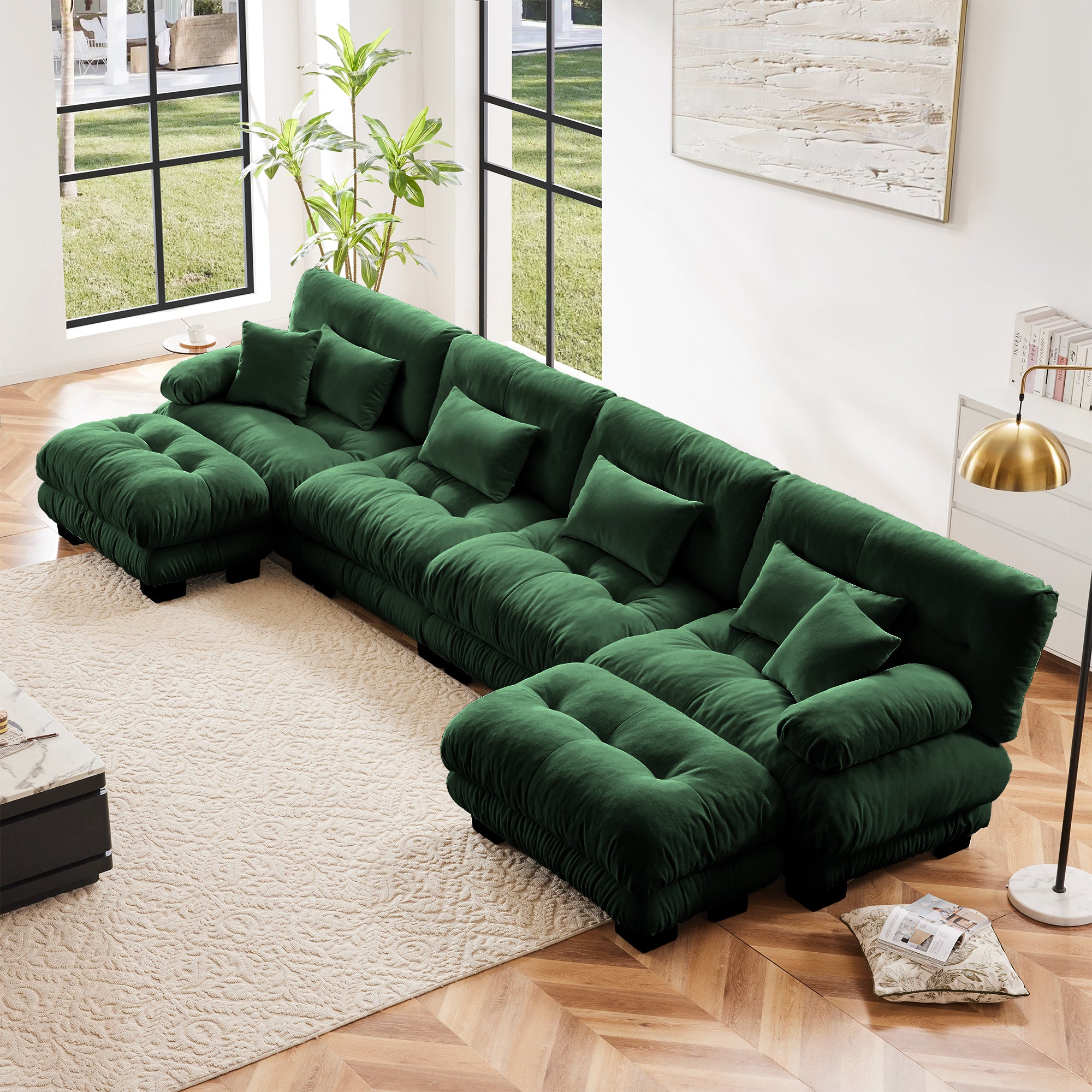 Free Combination Modular Sectional Sofa,U Shaped Couch For Living Room, 4-Seater Comfy Cloud Couch With 2 Ottomans, Chenille Green