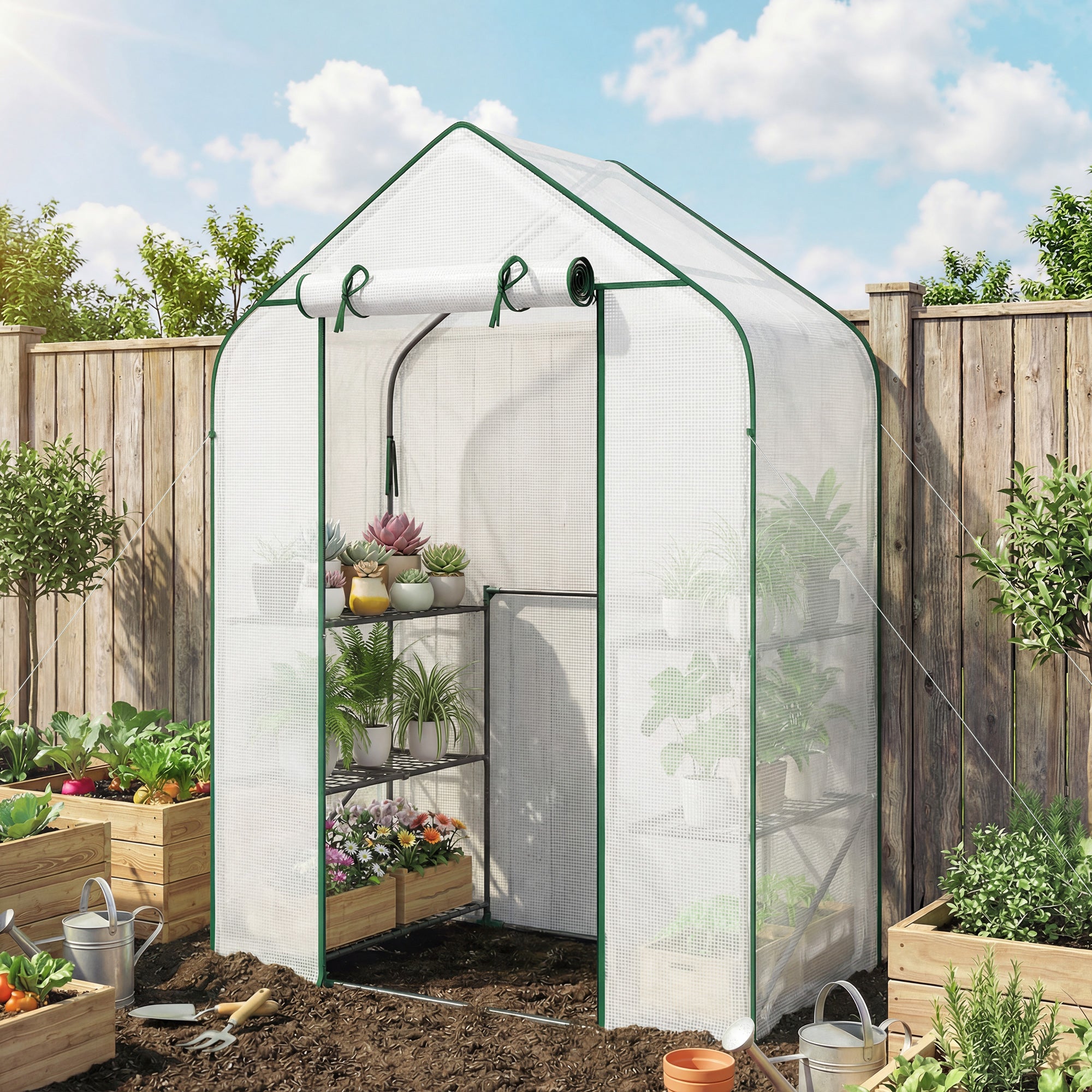 Greenhouse for Outdoors, Portable Greenhouse with 6 Shelves, UV-resistant PE Cover, Roll-up Door, White
