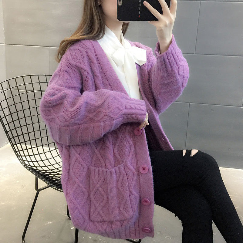 Fried Dough Twist Solid Color Sweater Coat Women Lazy Loose Knit Cardigan