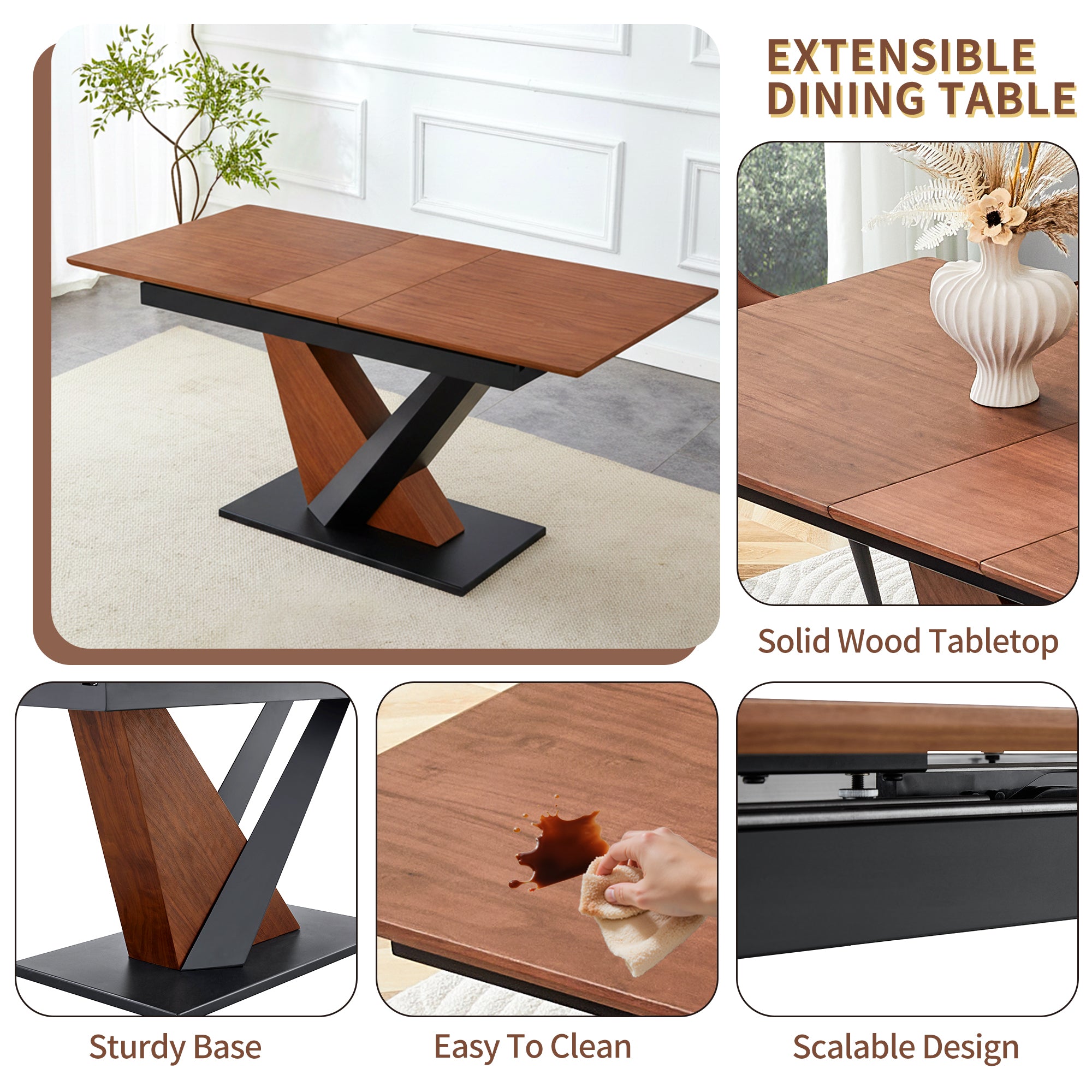 Modern Dining Table With MDF   Solid Wood Veneer Tabletop, Natural Texture, Scratch-Resistant, Cross Geometric Metal Legs For Contemporary Kitchen & Dining Room  Dark Walnut, 1 Table