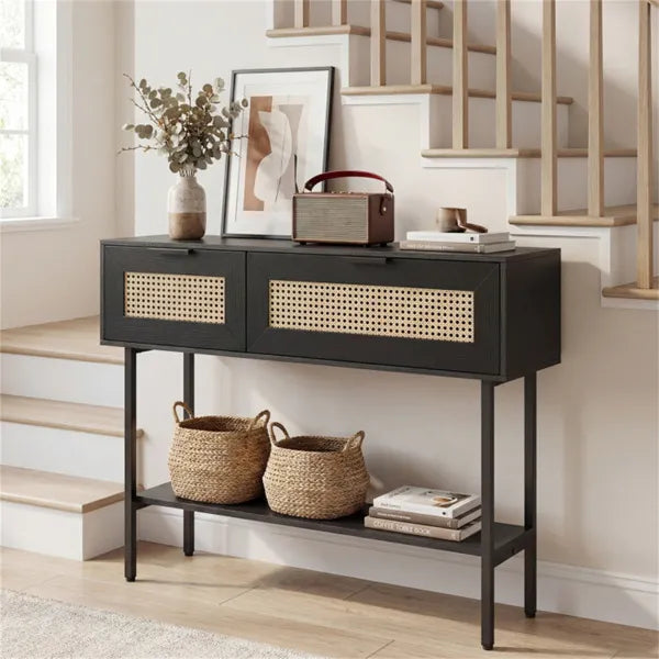Black Rattan Console Table With Storage Cabinets & Open Shelf, 40 Inch Entryway Table With Sturdy Carbon Steel Frame For Living Room, Hallway, Sofa Table