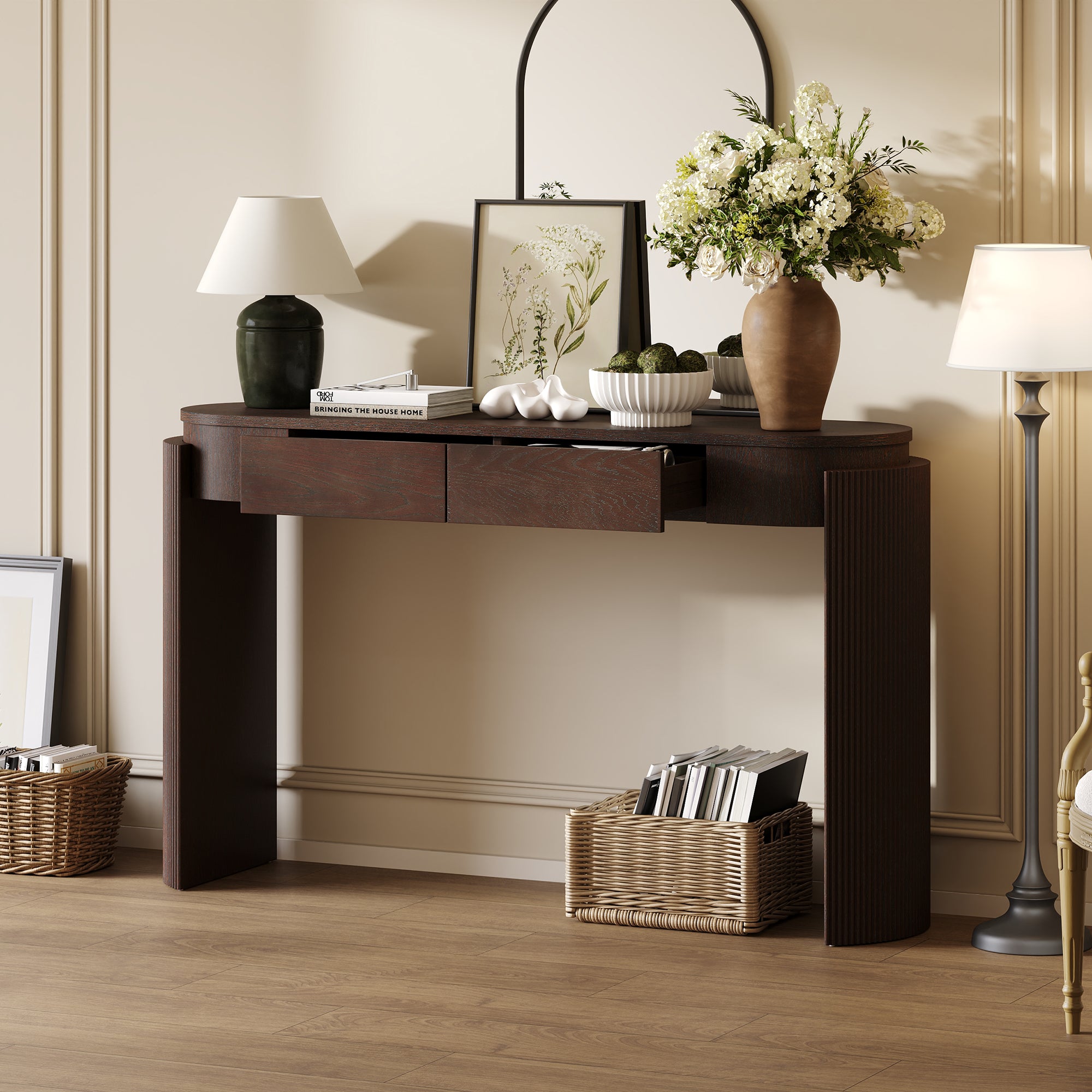 TREXM Entryway Table With Natural Wood Grain Finish  Console Table With Fluted Design  Oval Top And 2 Drawers For Entryway And Living Room  Espresso