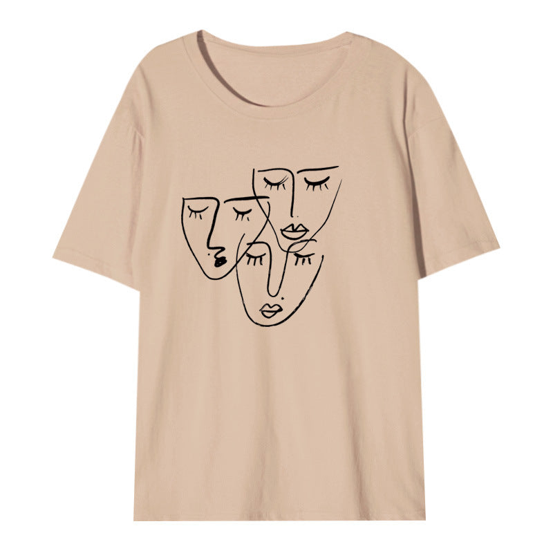 Women's Loose Printed T-shirt With Characteristic Line Face Mask