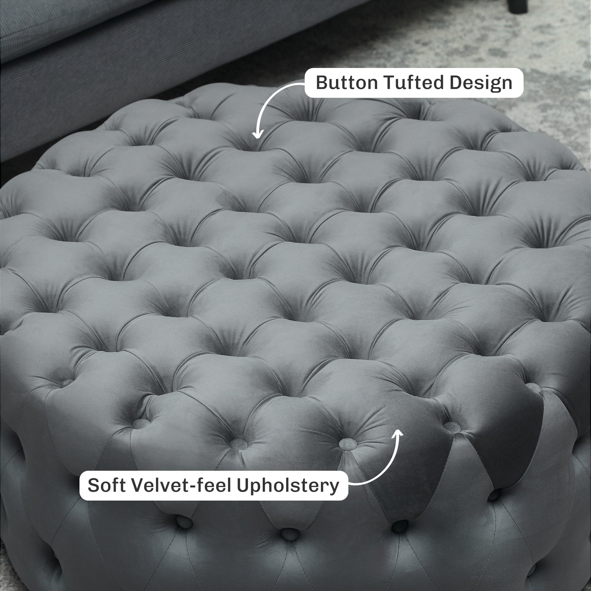 Round Ottoman Coffee Table with Velvet-feel Upholstery, Button Tufted Design and Padded Seat, Dark Gray