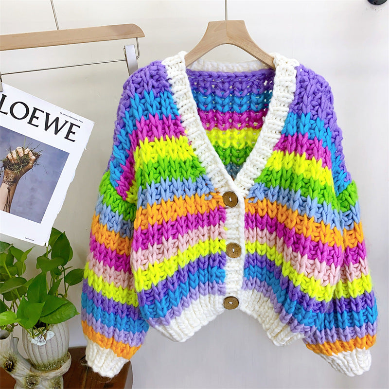 Hand-woven Rainbow Color-blocking Sweater Cardigan For Women