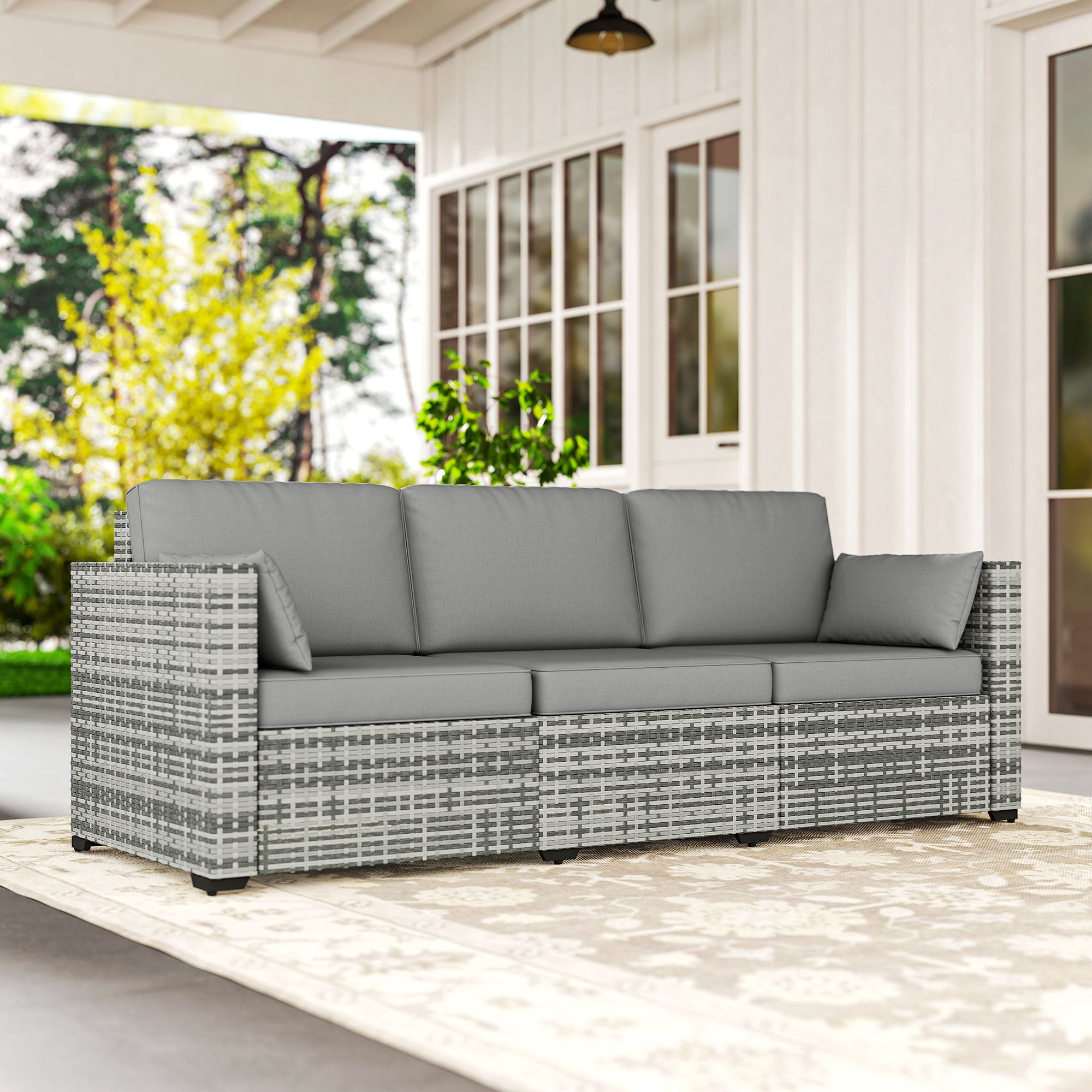 Patio Couch PE Wicker Deep Seating Outdoor Sofa with Removable Cushions, 3 Seater Rattan Sofa, Outdoor Furniture for Balcony, Deck, Garden and Poolside, Gray