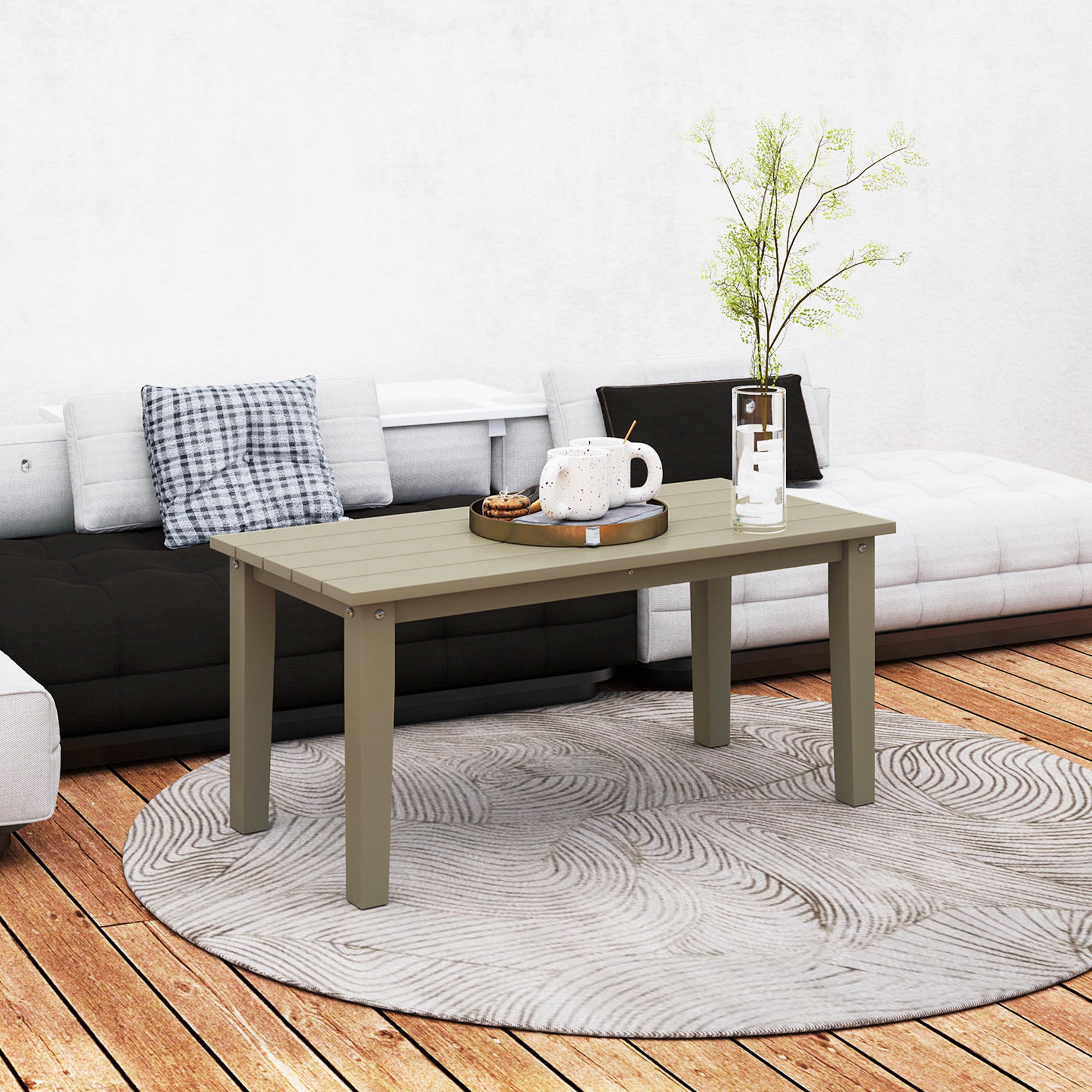 Rectangle Outdoor Coffee Table, HDPE All-Weather Outdoor Patio Table with Slatted Tabletop for Yard, Balcony, Brown