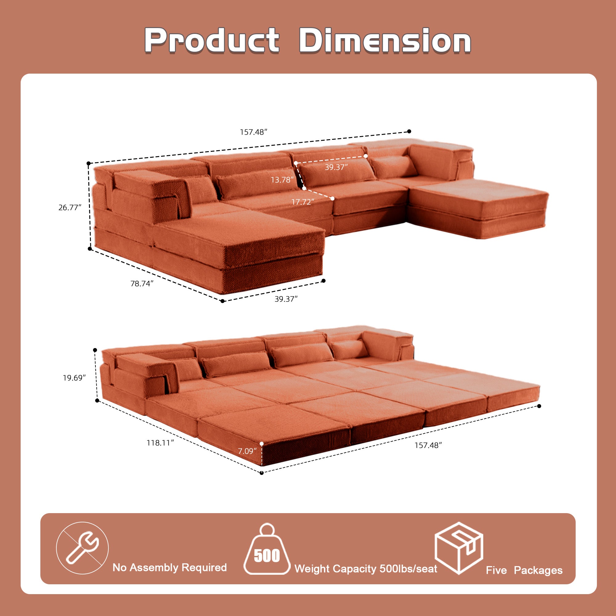 Compression Mahjong Sofa,Convertible Floor Sofa Bed,DIY Boneless Modular Sectional Sofa,No Assembly Required,Circle Fleece Fabric,Oversized 4 Seater With 2 Ottoman,Orange