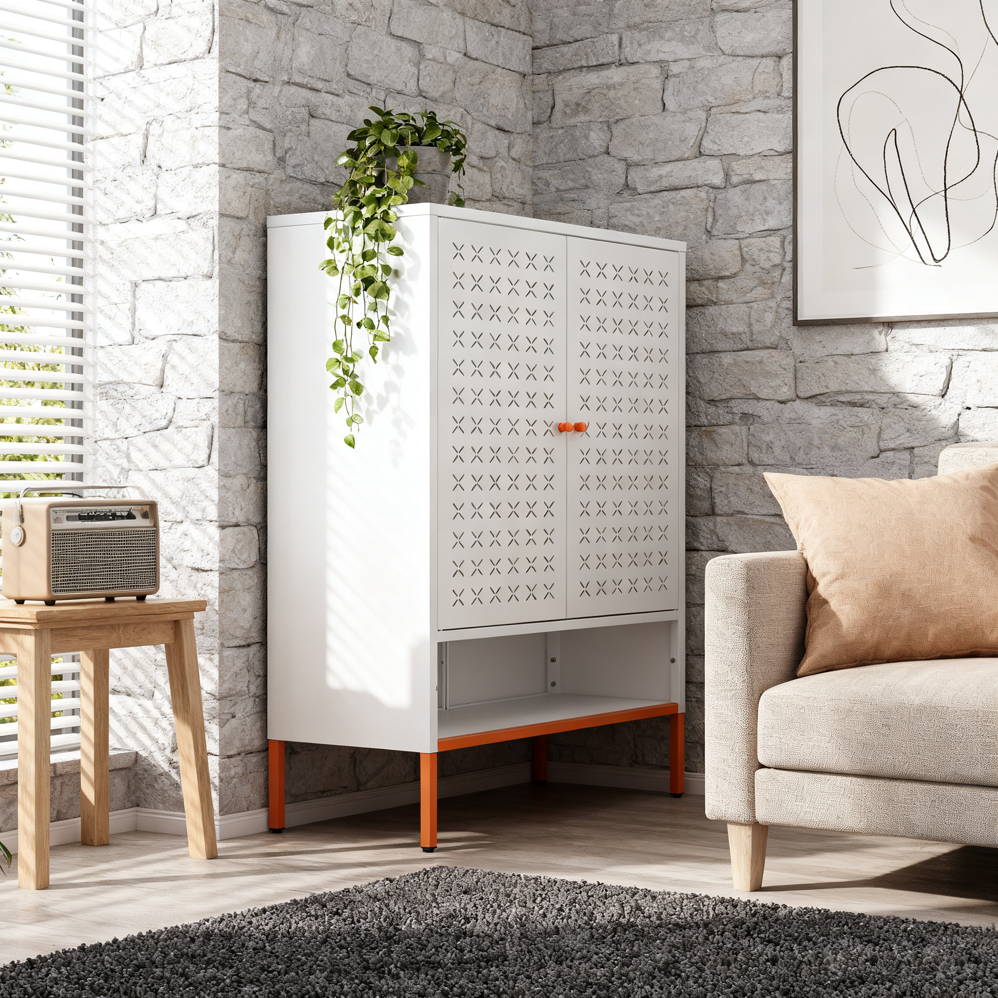 Grid Double Door Shoe Cabinet, Three Adjustable Compartments For Flexible Storage, Suspended Hollow Shoe Changing Compartment, Bottom 15cm Moisture-proof High Foot Design