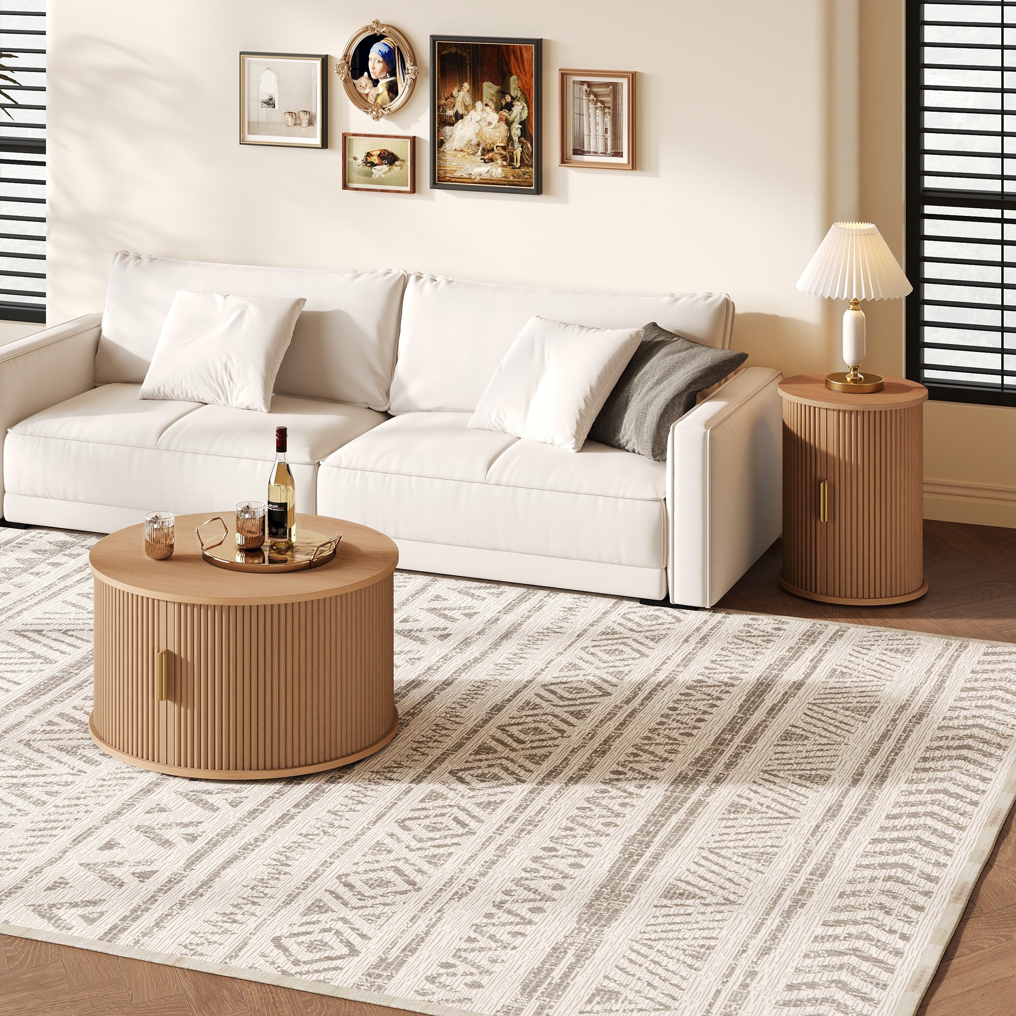 Mid-Century Coffee Table Set With Sliding Tambour Door, Round Fluted End Table With Storage, Golden Handle Tall & Low Side Table With Wooden Finish For Living Room, Set Of Two ,Natural