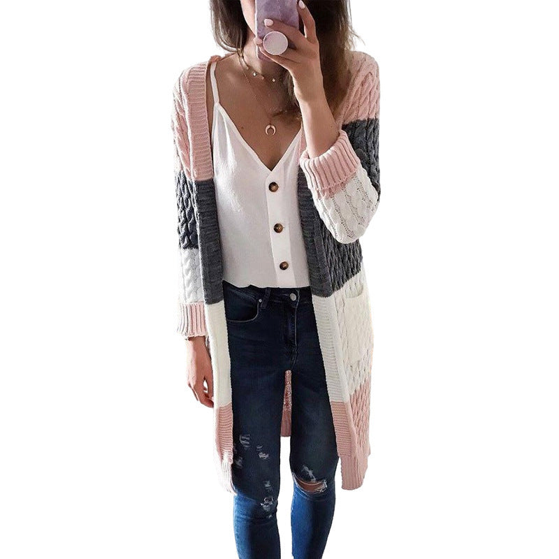 Women Stripe Stitching Contrast Twist Cardigan Sweater